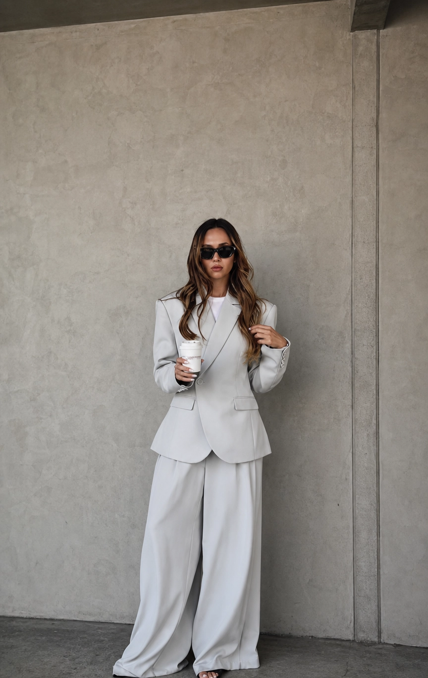 A woman in a light gray suit, sunglasses, and black shoes standing against a concrete wall, holding a disposable coffee cup.