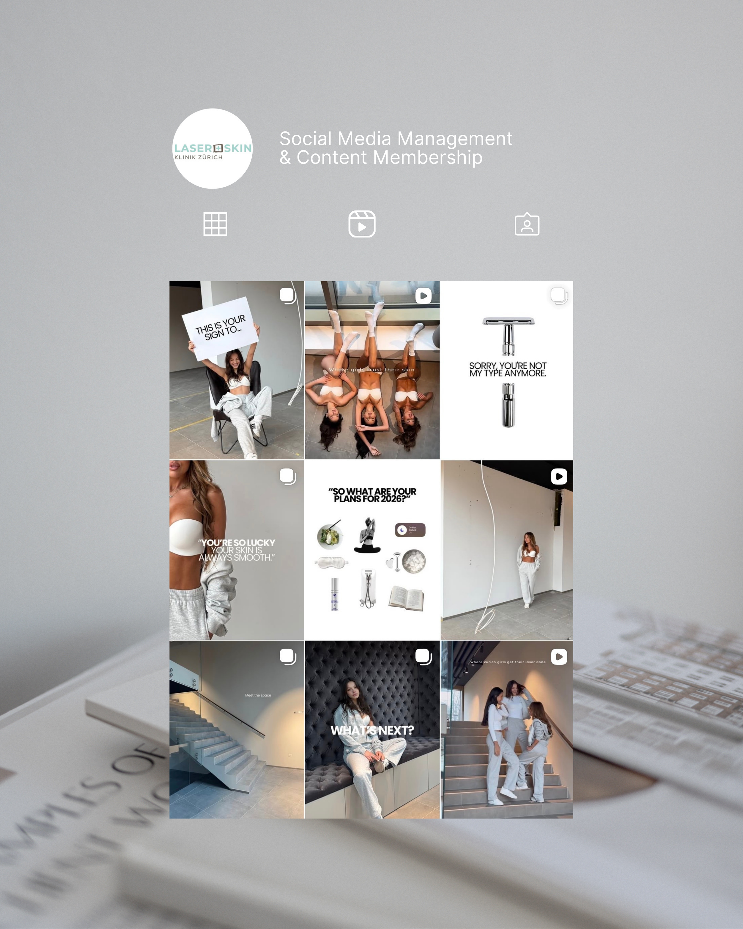 Series of social media posts on a grey background promoting a photography studio's services, featuring images of women in white outfits, stairs, and text about future plans and next steps.