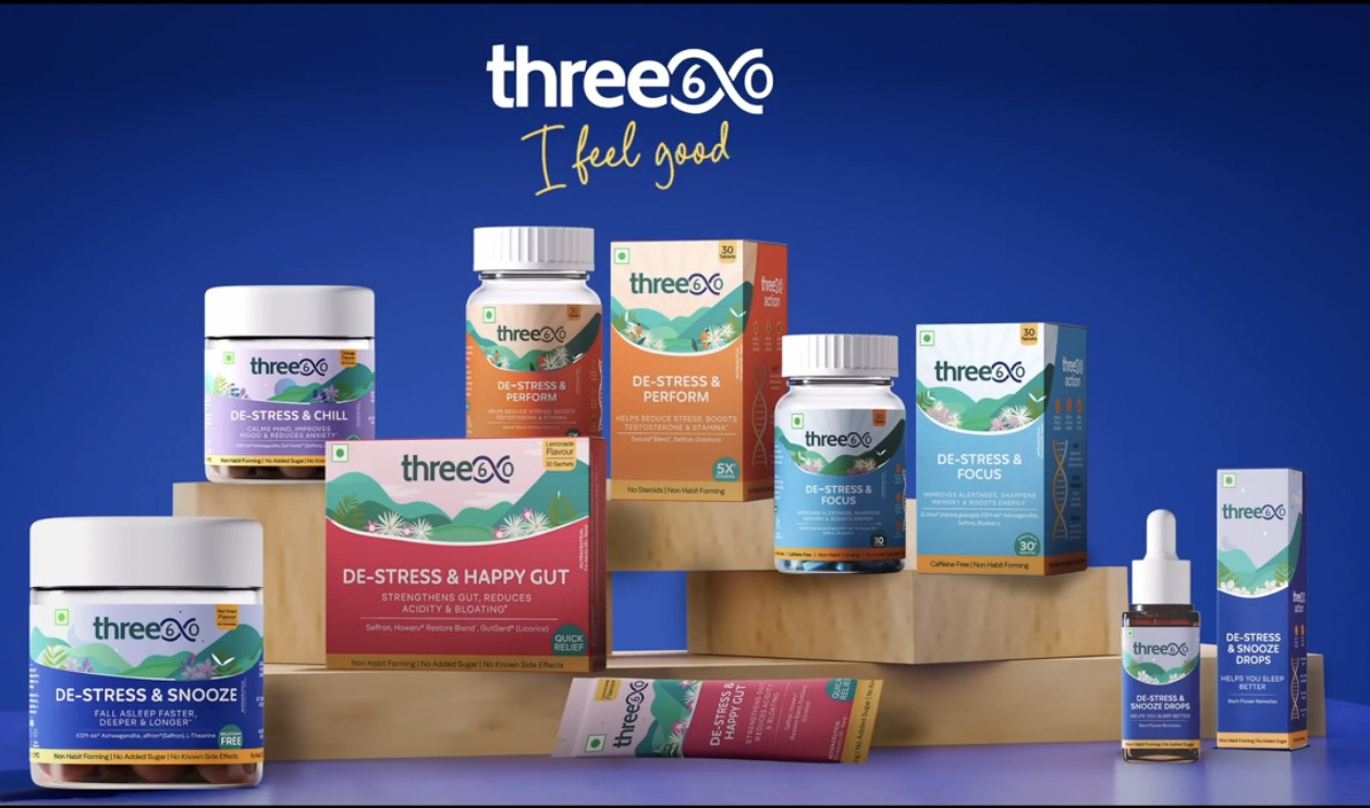Assorted Three Gx health supplements and wellness products displayed on wooden blocks against a blue background with the Three Gx logo and the phrase 'I feel good'.