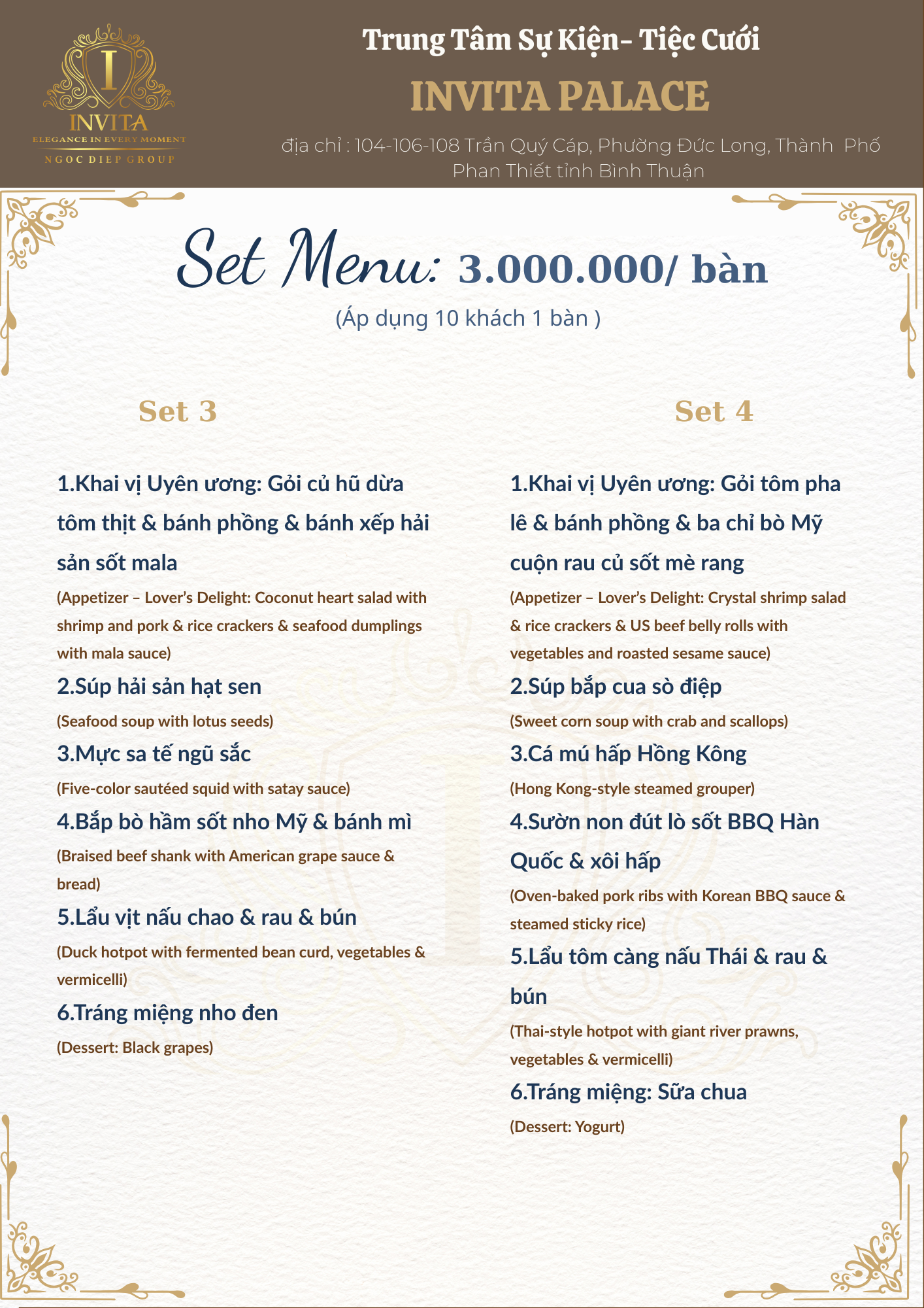 A Vietnamese restaurant menu with a brown and gold header, displaying set meal options for 10 people, priced at 3 million VND per table. The menu is divided into Set 3 and Set 4, each listing various Vietnamese and international dishes with English t