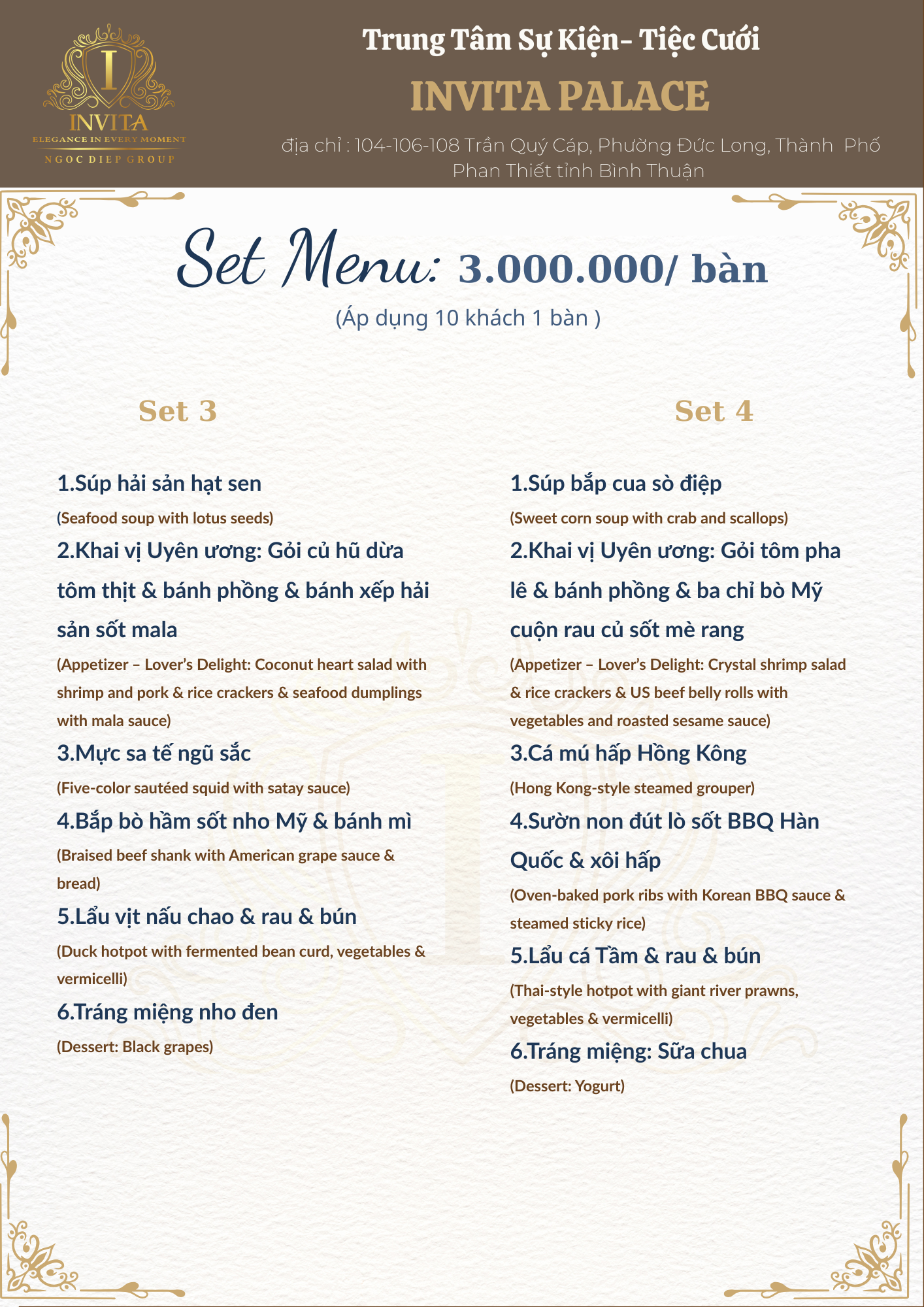 A Vietnamese banquet menu featuring set menu options for 10 guests at Invita Palace, with prices, dishes, and descriptions in Vietnamese and English.