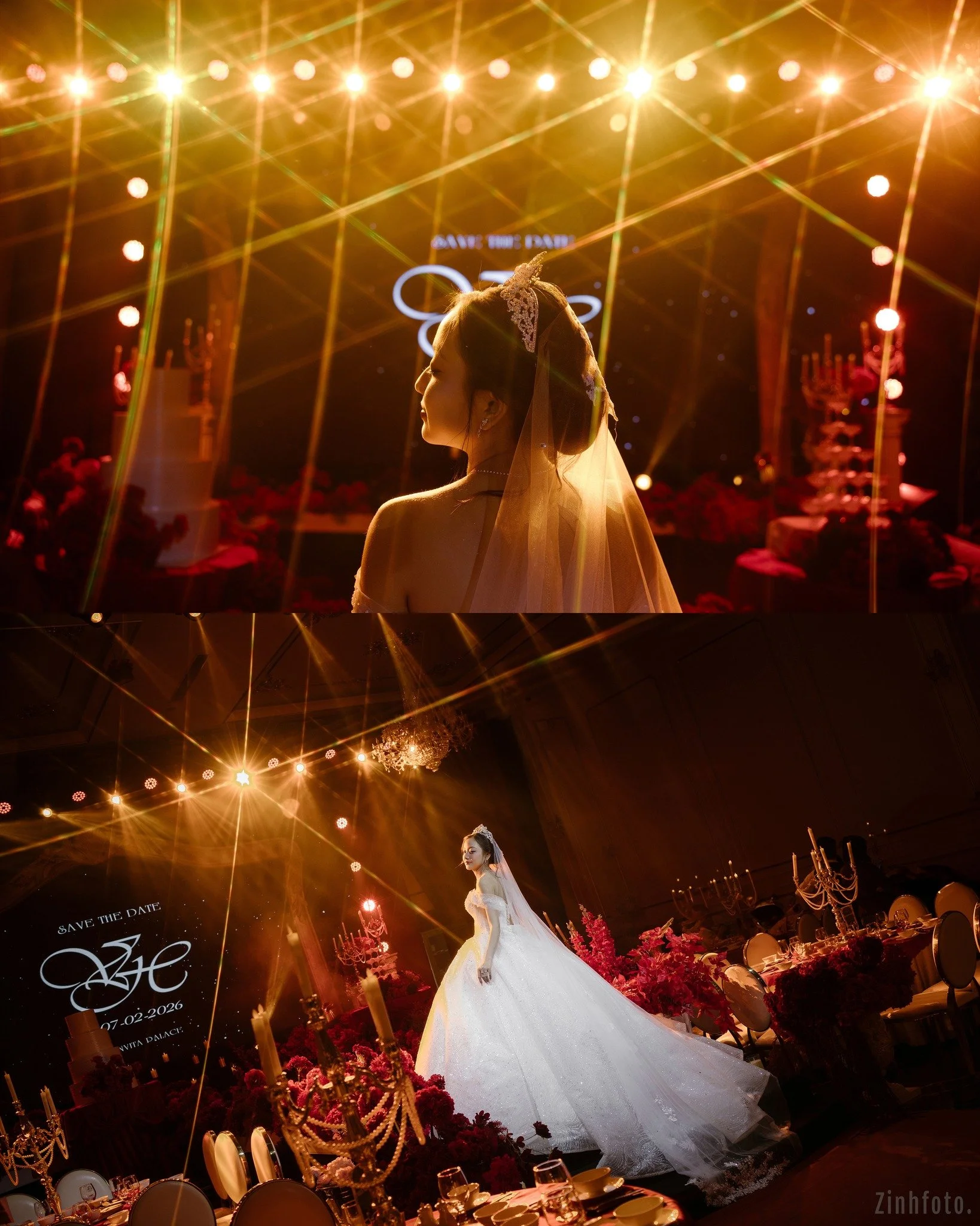 Two images of bride in wedding gown on stage at a wedding reception, illuminated by warm stage lighting with a decorated banquet hall in the background.