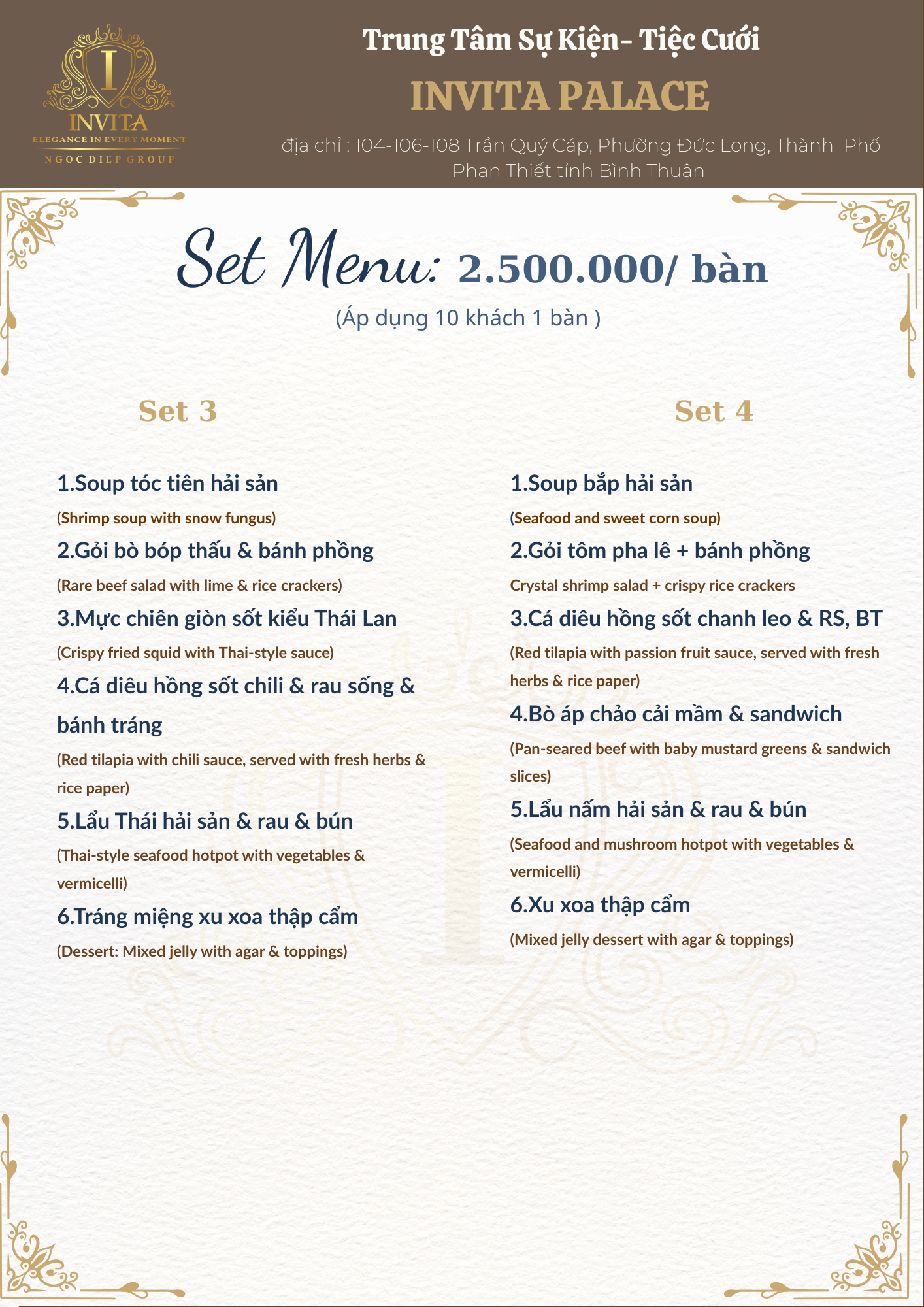 A Vietnamese restaurant menu featuring set meal options priced at 2.5 million VND per person, with two different set options, labeled Set 3 and Set 4, listing various seafood, beef, and chicken dishes, along with desserts. The menu has a gold, white,