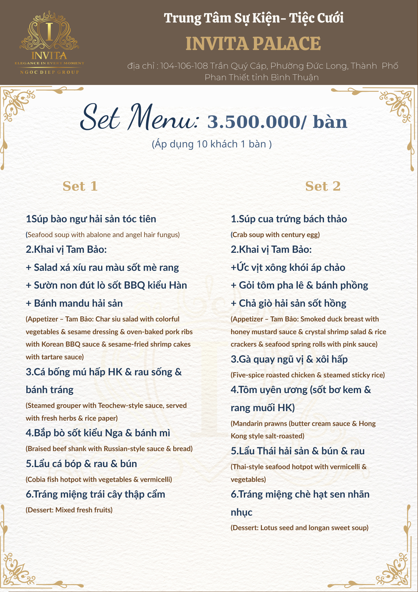 A Vietnamese menu from Invita Palace detailing two set menus priced at 3,500,000 VND per person, with options for ten guests. The menu includes seafood, soups, salads, appetizers, main courses such as grilled chicken, prawns, fish hotpot, and dessert