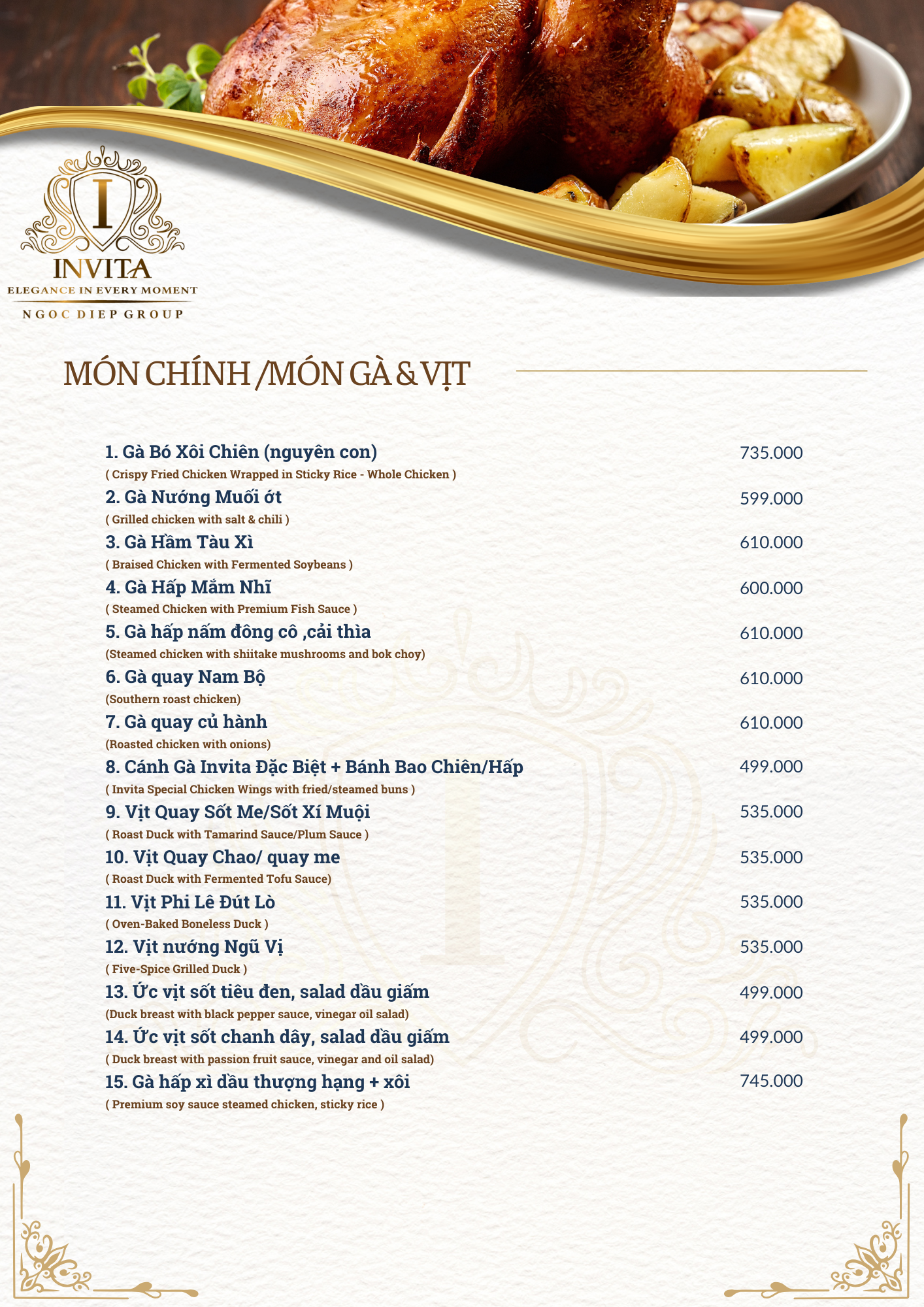 Menu page featuring a roasted chicken with golden potatoes on the upper part of the image, with elegant gold and white design elements and Vietnamese text listing various chicken and duck dishes along with prices.