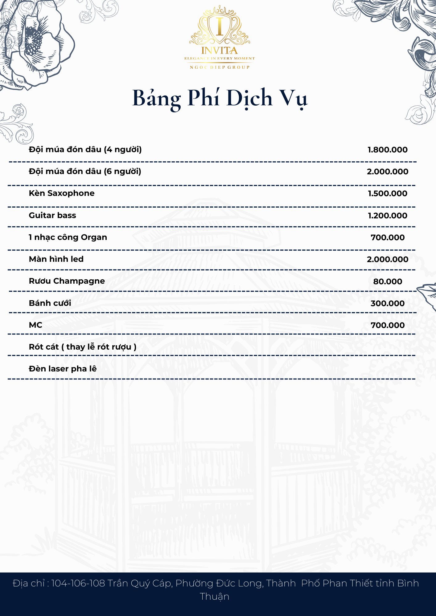 Service menu with prices for entertainment and event services in Vietnamese, including performances, music equipment, theatrical lighting, and drinks, with decorative floral accents at the top and bottom.