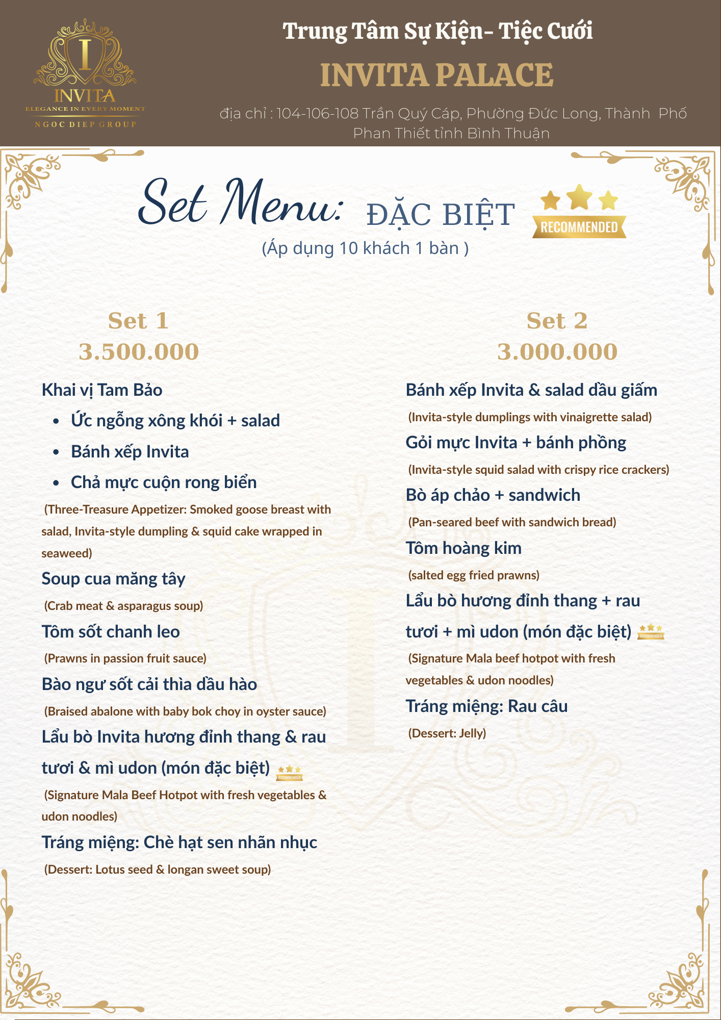 Menu for a special set meal at Invita Palace, featuring two different options with multiple Vietnamese dishes, priced at 3.5 million and 3 million VND respectively, with decorative gold accents and Chinese-inspired design elements.
