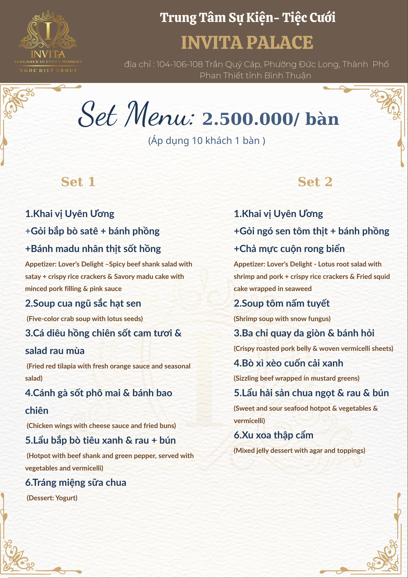 Restaurant menu for Invit Palace, listing two set menus priced at 2,500,000 VND per table, with detailed dishes and descriptions in Vietnamese and English. The menu is decorated with a gold and white ornate border and includes meal options with appet