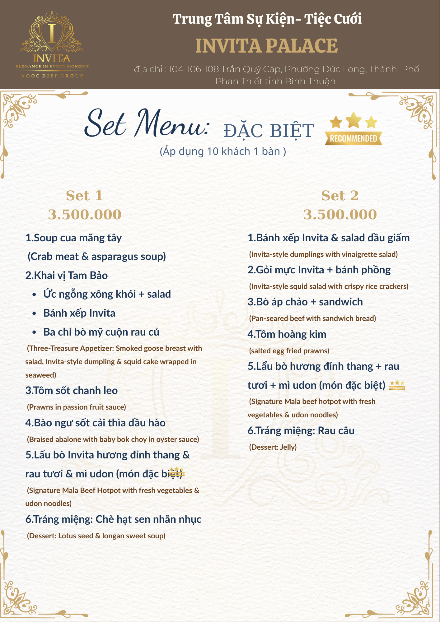 Restaurant menu from Invita Palace with set meal options priced at 3,500,000 VND, including various traditional dishes and desserts, in Vietnamese and English.