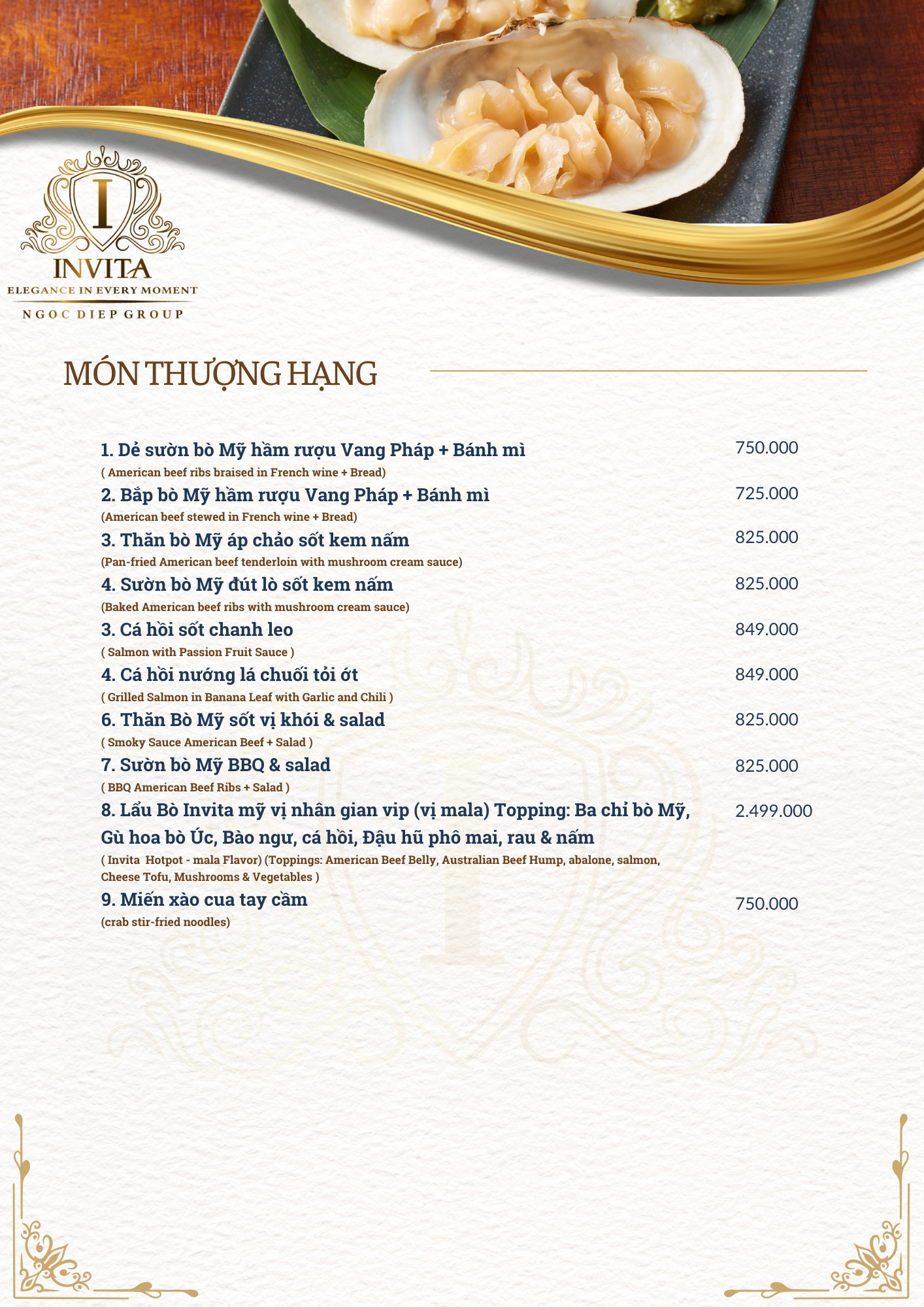 Menu with Vietnamese dishes, including oysters with a creamy topping, grilled salmon, beef ribs, and crab stir-fried noodles, with a close-up of oysters at the top.