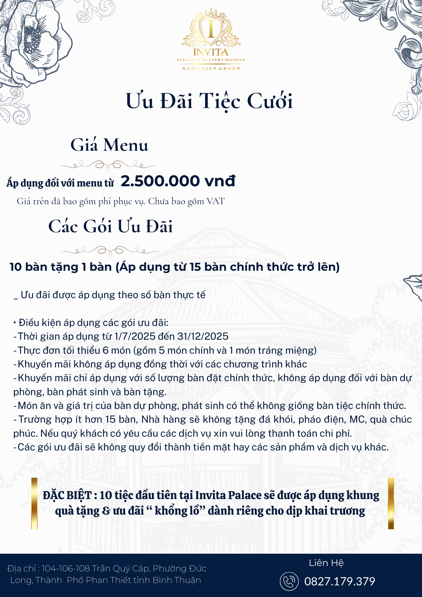 Invitation for a wedding reception featuring a floral and architectural background, with the text in Vietnamese detailing menu prices, special offers, and contact information.