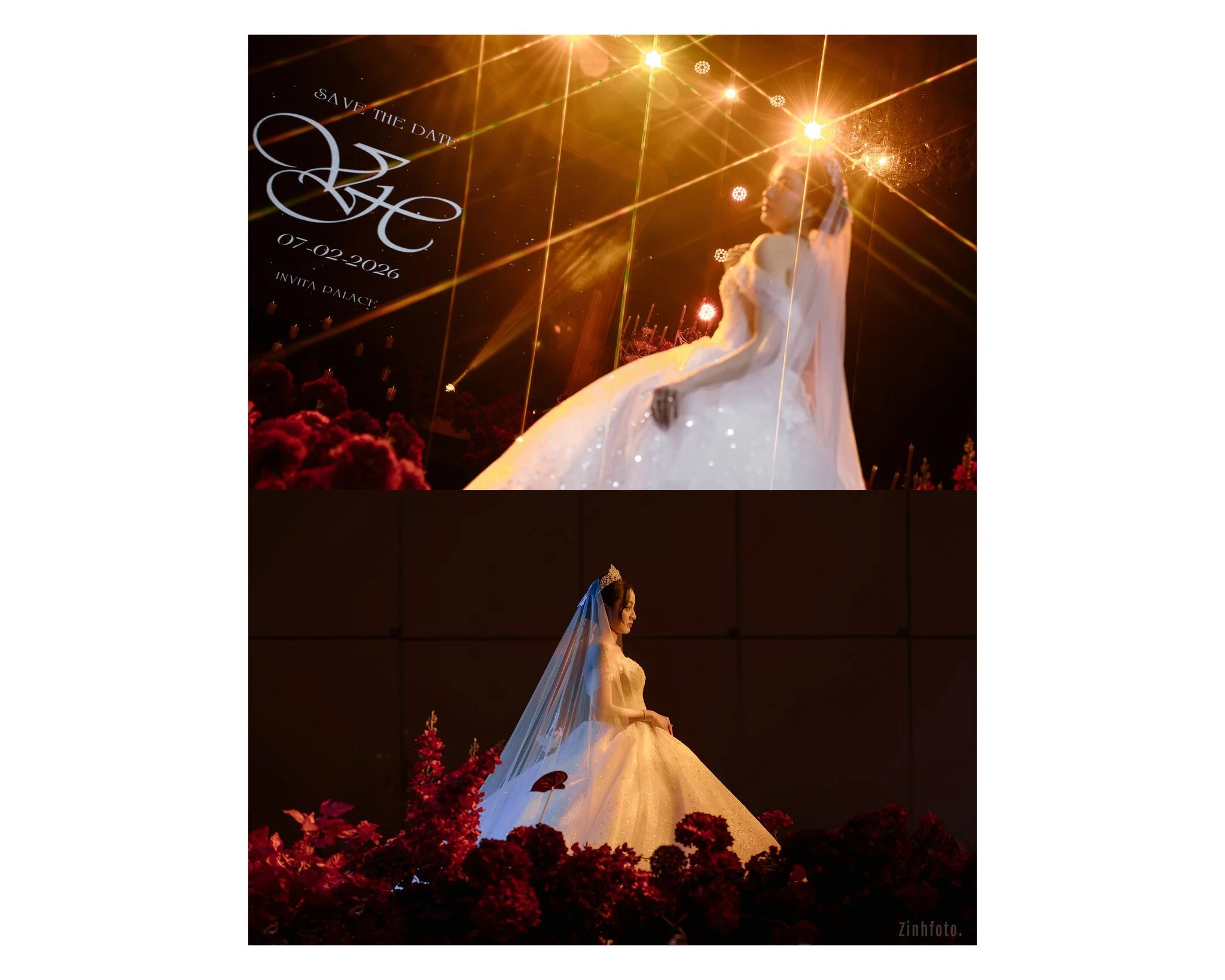 Two images of a bride in a wedding gown, one with sparkling lights and stage effects, the other standing among red flowers against a dark background.
