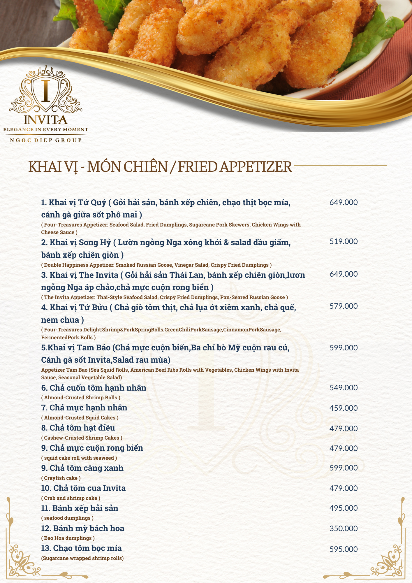 A menu with a close-up photo of fried appetizers at the top, showing a bowl of fried fish or chicken strips with lettuce. The menu is from Invita, featuring Vietnamese-style fried appetizers like seafood salad, fried dumplings, and shrimp rolls, with