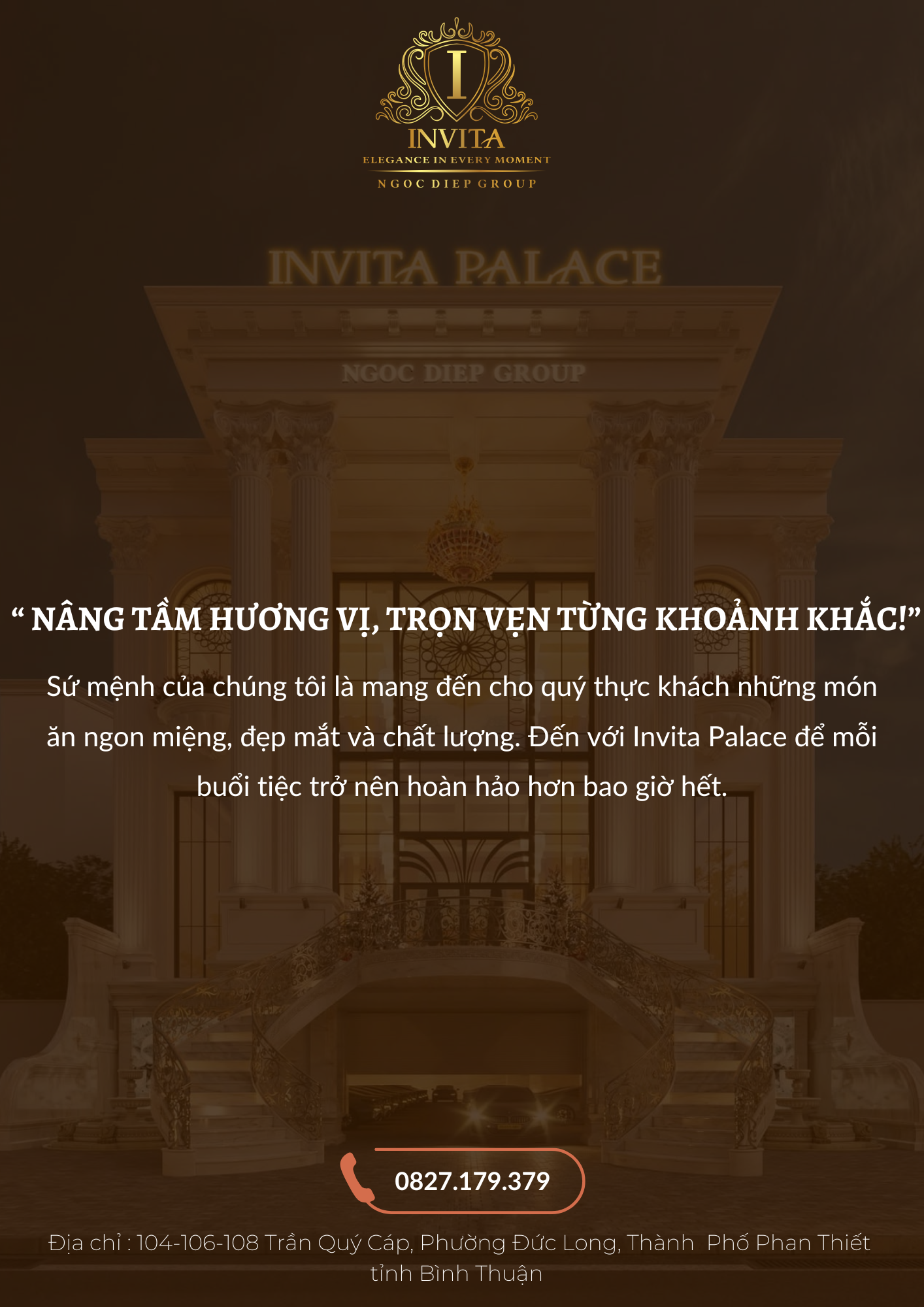 Invitation to Invita Palace by Ngoc Diep Group, featuring a luxurious building with columns and grand architecture, with contact number and address at the bottom.