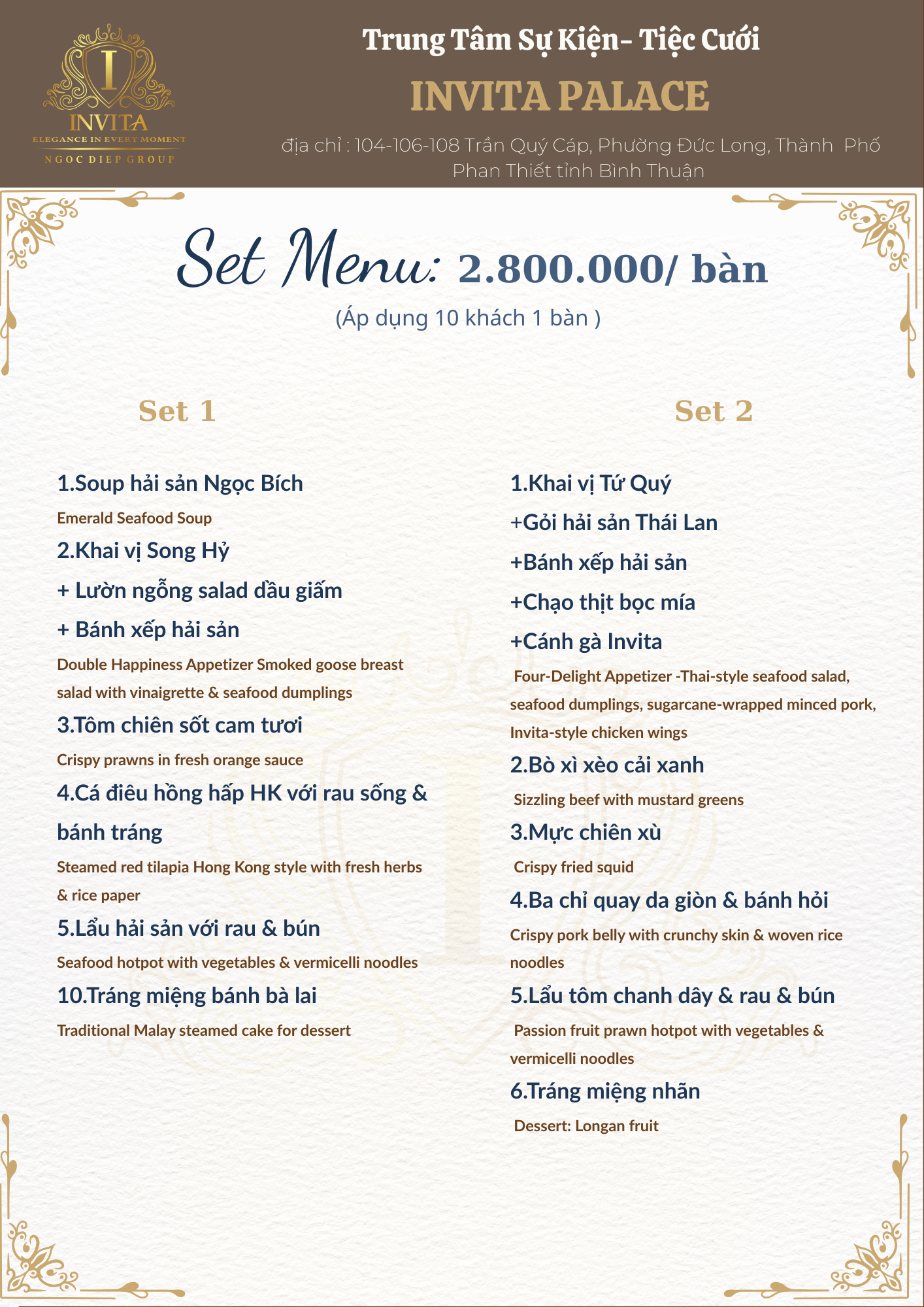 Menu for Invita Palace restaurant, offering two set meal options priced at 2,800,000 VND per table. The menu includes seafood soups, appetizers, grilled seafood, meats, and desserts, with descriptions in both Vietnamese and English.