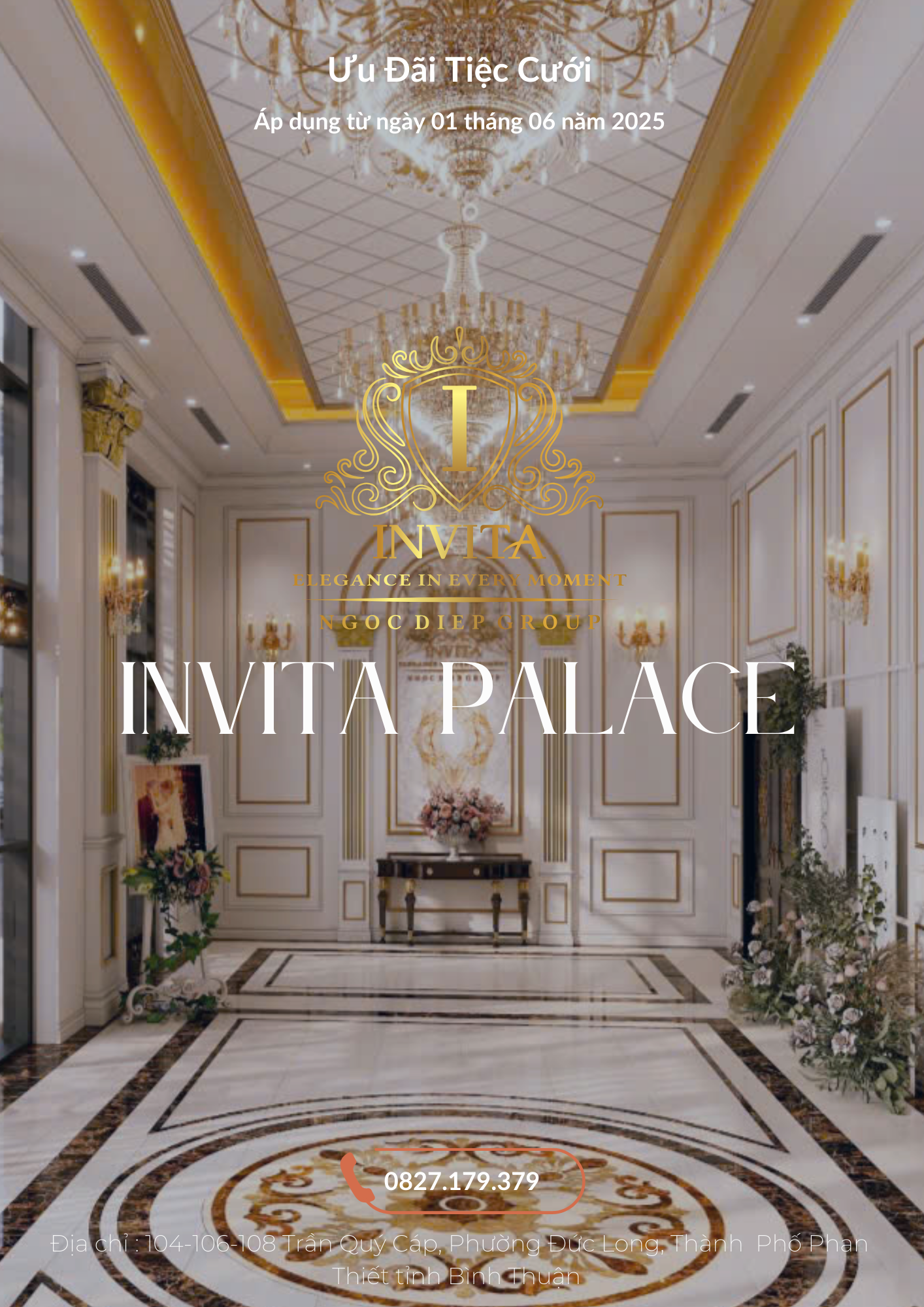 Elegant wedding invitation for Invita Palace with gold accents, floral decor, and luxurious interior design.
