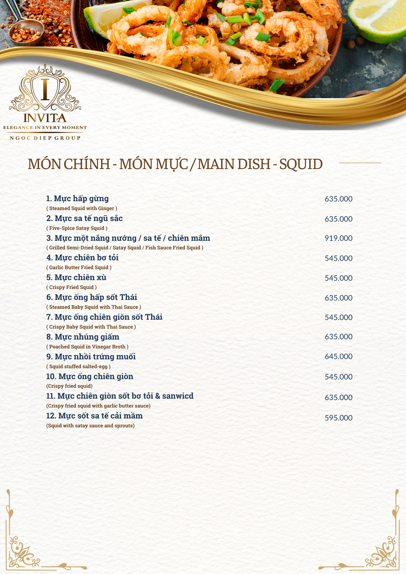 Menu page with a close-up photo of fried squid with green onions and lime on the top, featuring different squid dishes and prices listed in Vietnamese dong.