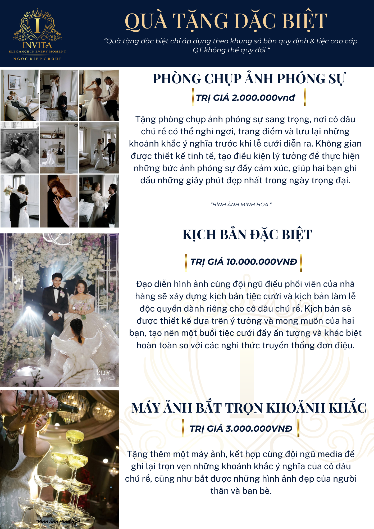 Special wedding photography services offering professional photo shoots and themed ceremonies, including a photographer's studio, a bridal scene with a couple and bridal dress, and champagne glasses for capturing memorable moments.