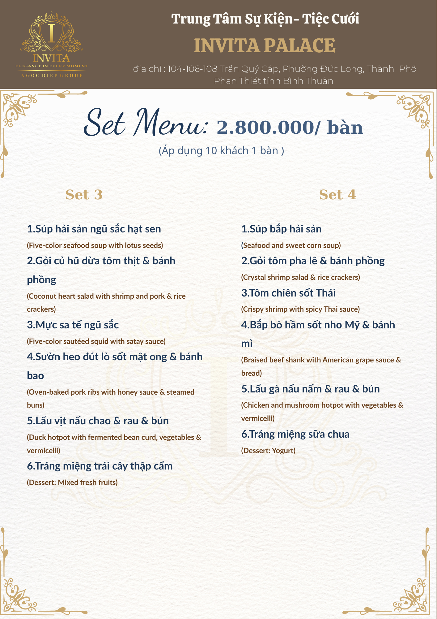 Menu from Invita Palace restaurant listing various seafood and meat dishes, with prices around 2.8 million VND per table, for groups of 10 guests.