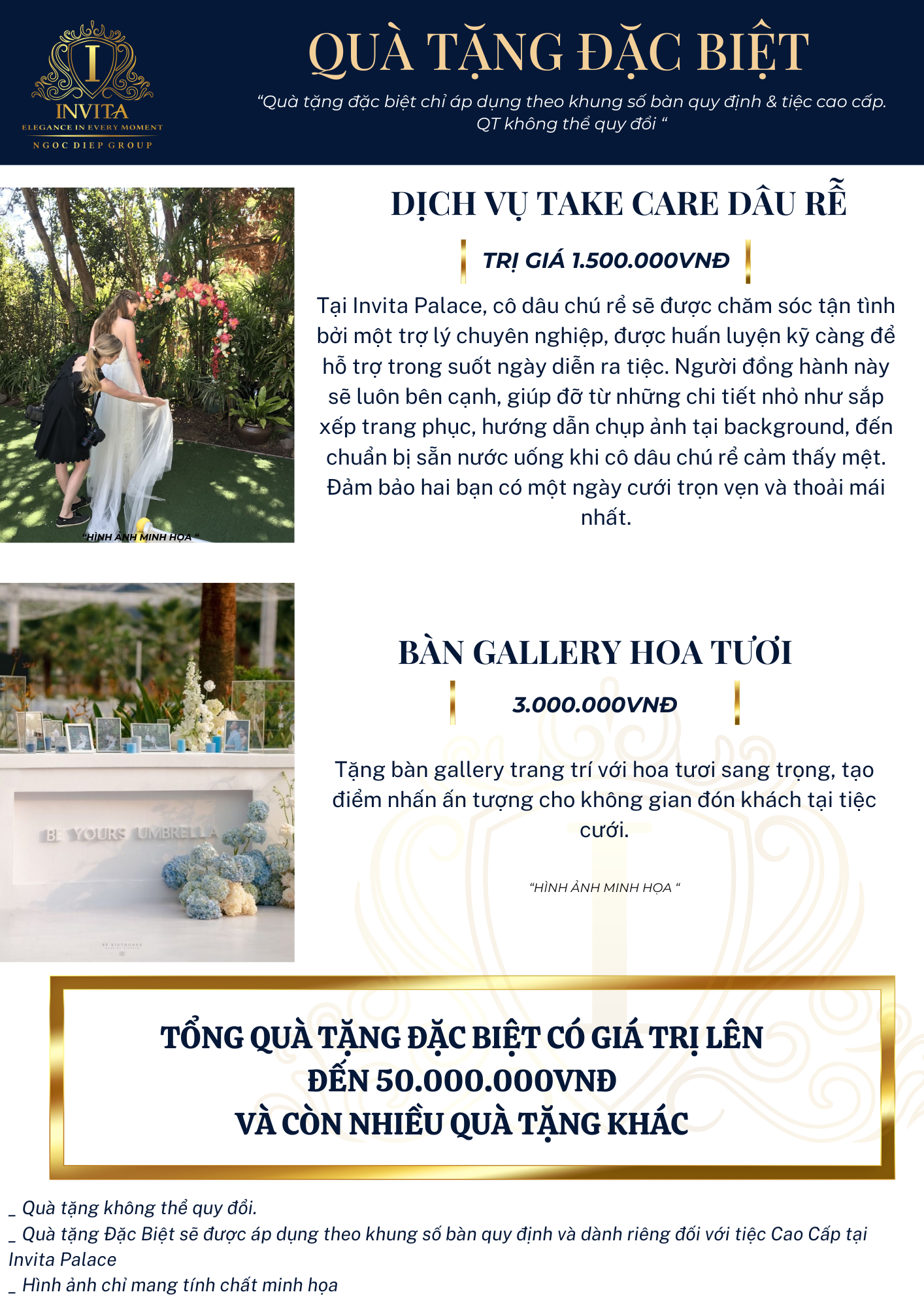 Promotional flyer for Invita Palace offering special wedding gifts. Features images of flower arrangements, a wedding decoration setup, and details about exclusive flowers, gallery, and gift packages for weddings.