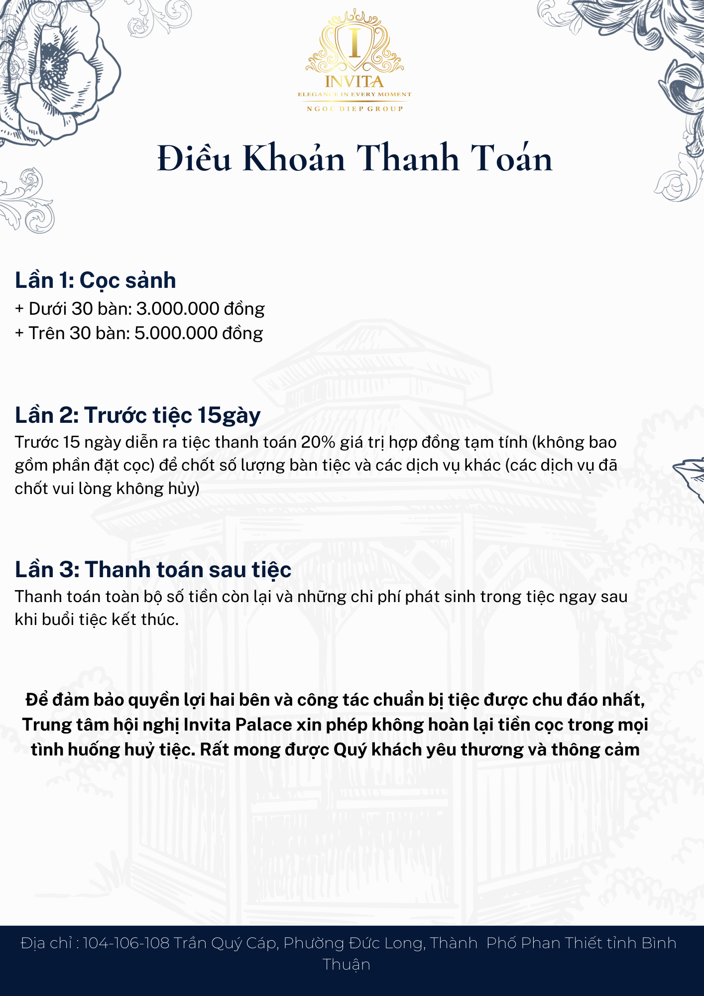 This is a Vietnamese event policy document from Invita Palace with the title 'Điều Khoản Thanh Toán' (Payment Terms). It includes details about venue deposits, pre-party payments, and post-party settlements, along with a disclaimer about rights and p