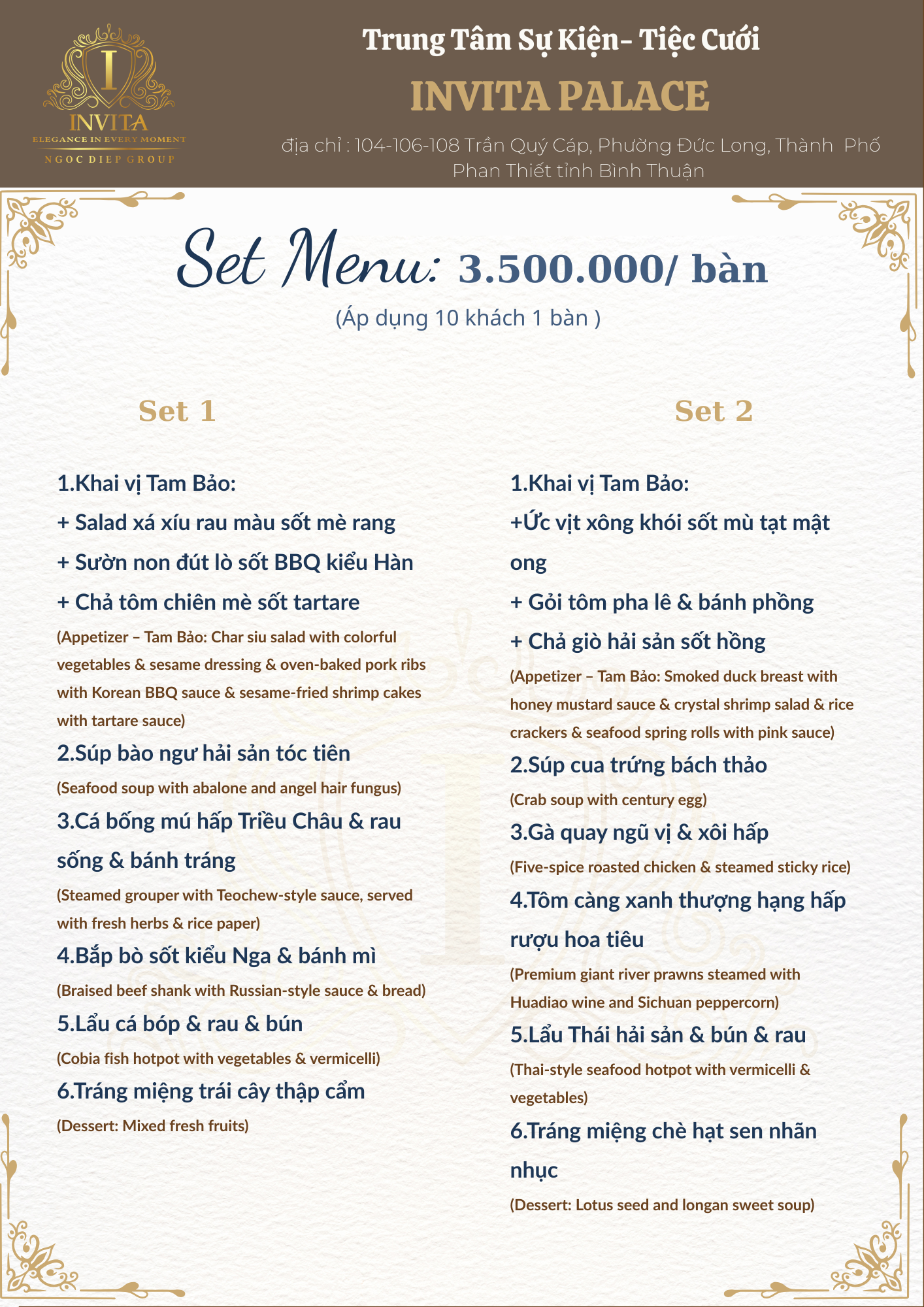 A menu from INVICTA PALACE featuring set meal options with prices. The menu is divided into two sets, each listing various dishes in Vietnamese and English translations, with a decorative border and gold accents at the top and bottom.