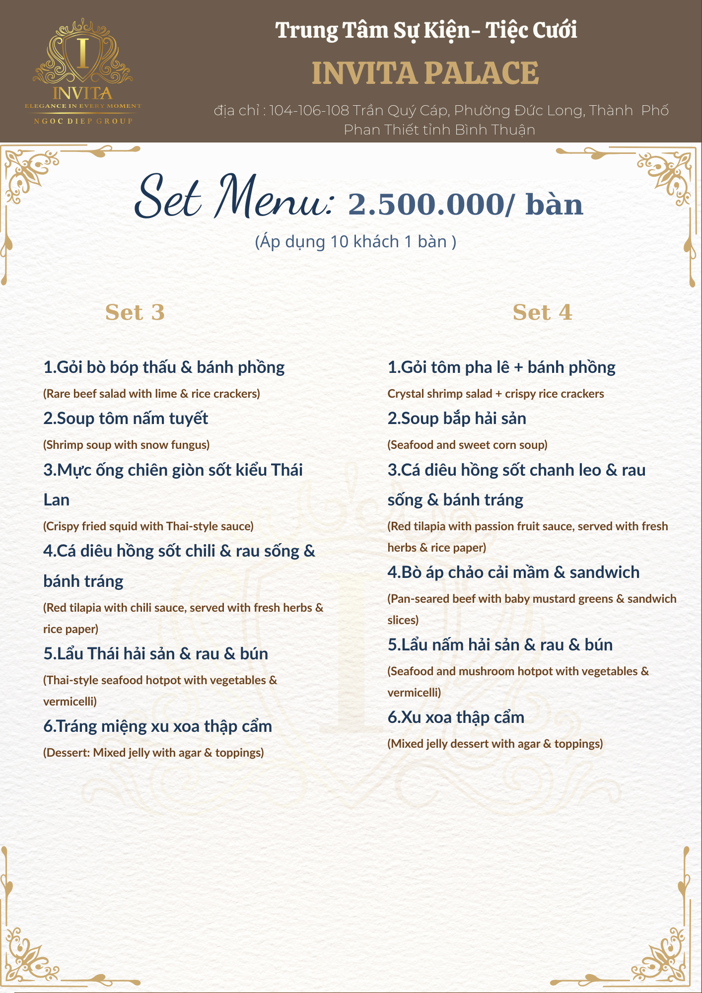 A restaurant menu offering sets of Vietnamese and Thai dishes with prices. The menu is titled 'Set Menu: 2,500,000 VND per table', applies to 10 guests, and lists two sets of dishes, Set 3 and Set 4, with various seafood, meat, and soup options.