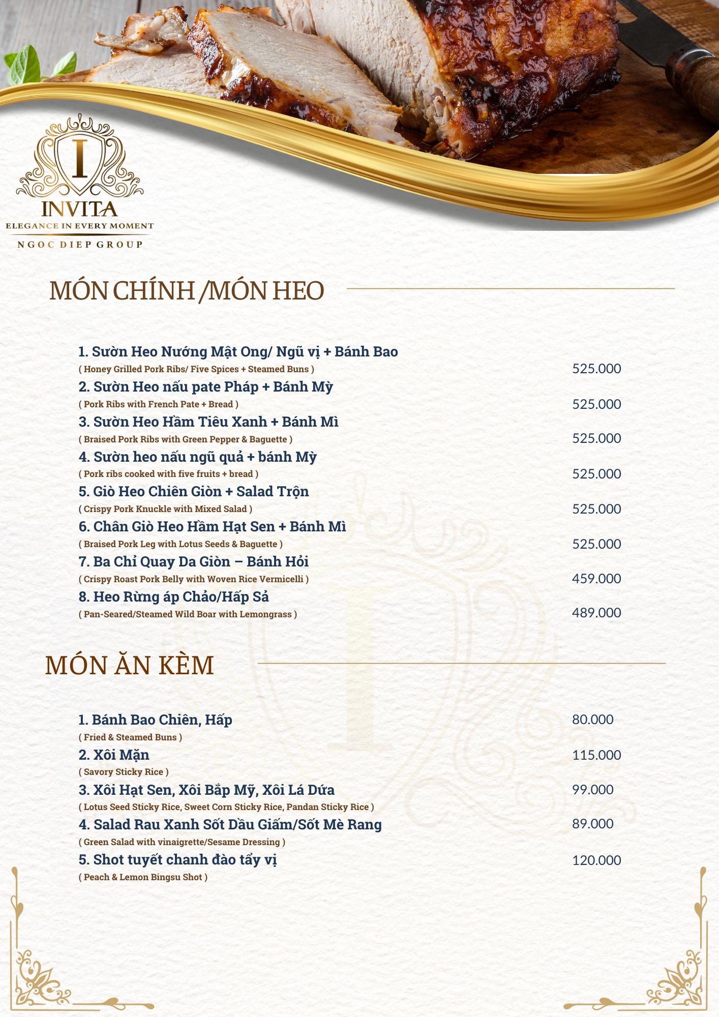 Menu page featuring a wood platter with honey grilled pork ribs and a knife at the top, with golden decorative accents and a logo at the top left corner.