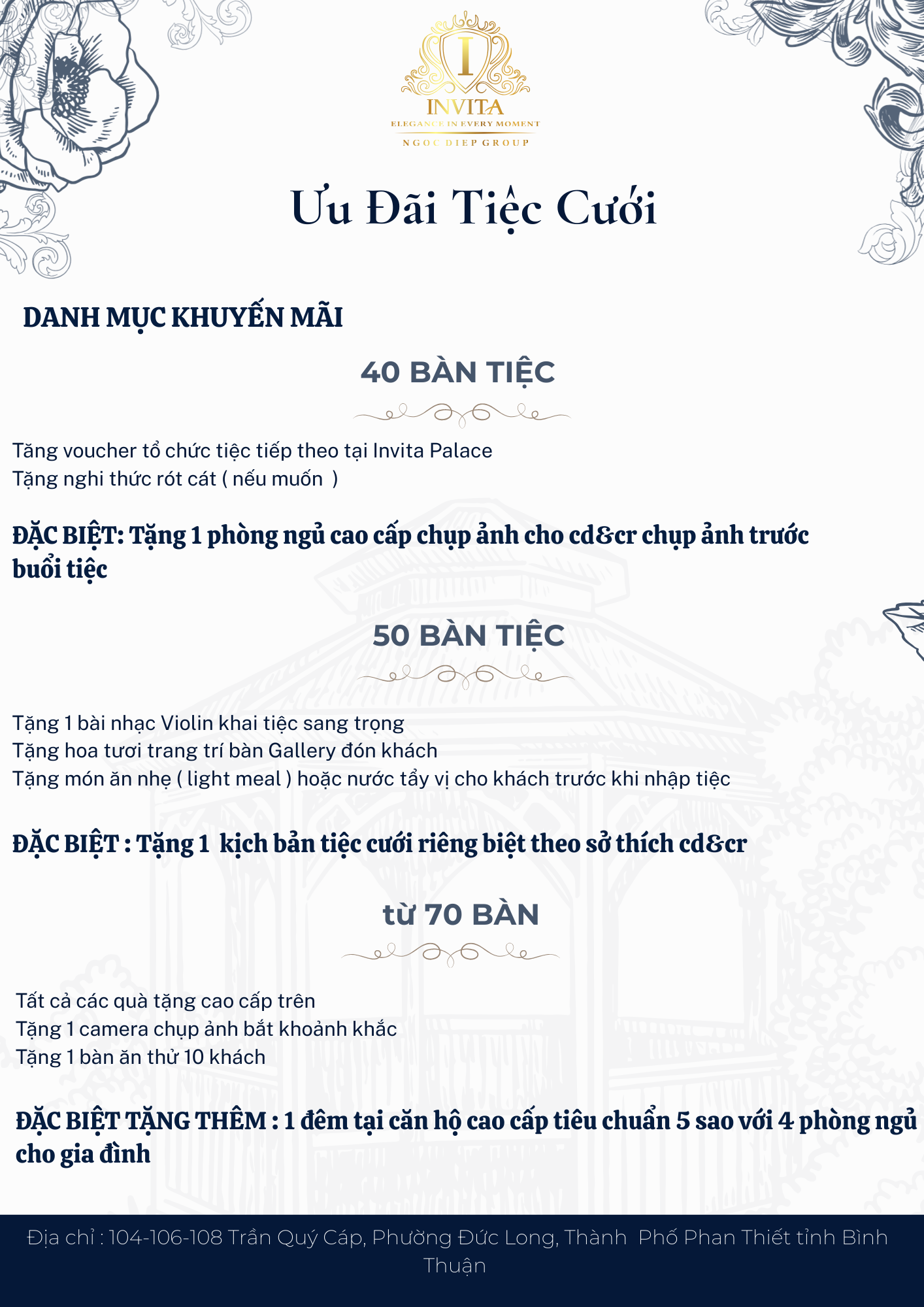 Invitation to a wedding party with VIP offers, including a free high-end bedroom photoshoot and customized wedding music and decor services. The invitation features elegant floral and architectural designs.