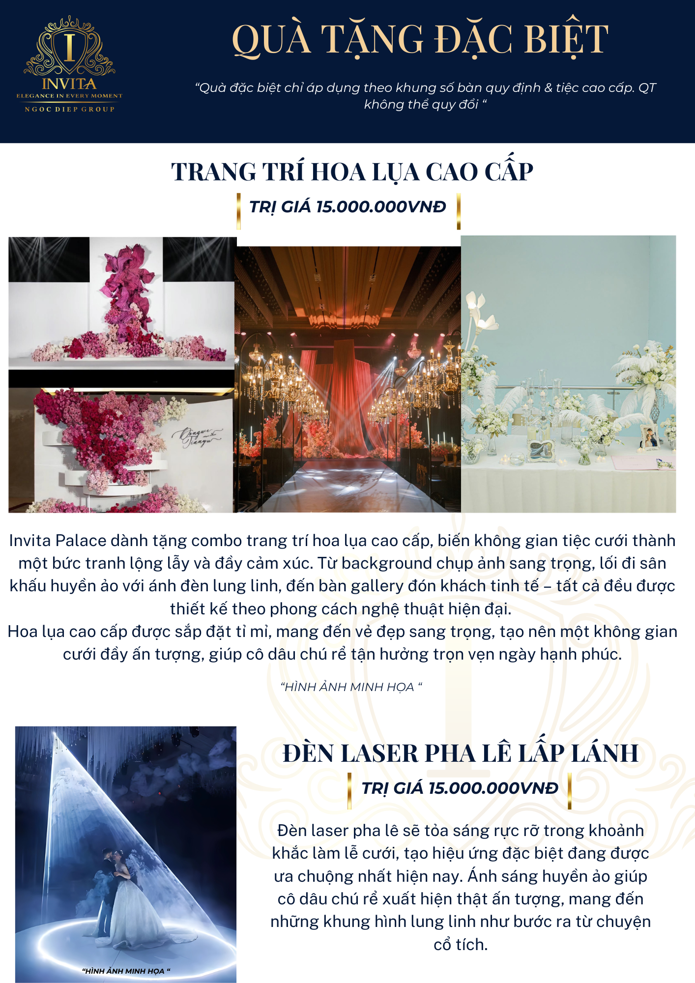 Promotional flyer in Vietnamese for luxury wedding wedding services, featuring floral wedding decorations and laser light shows with prices listed.