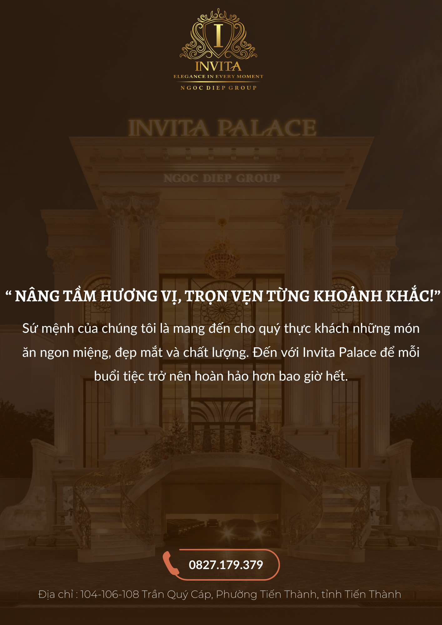 Invitation to Invita Palace, a luxurious mansion with grand stairs and columns, featuring golden text and contact information, promoting elegant dining and event experiences.