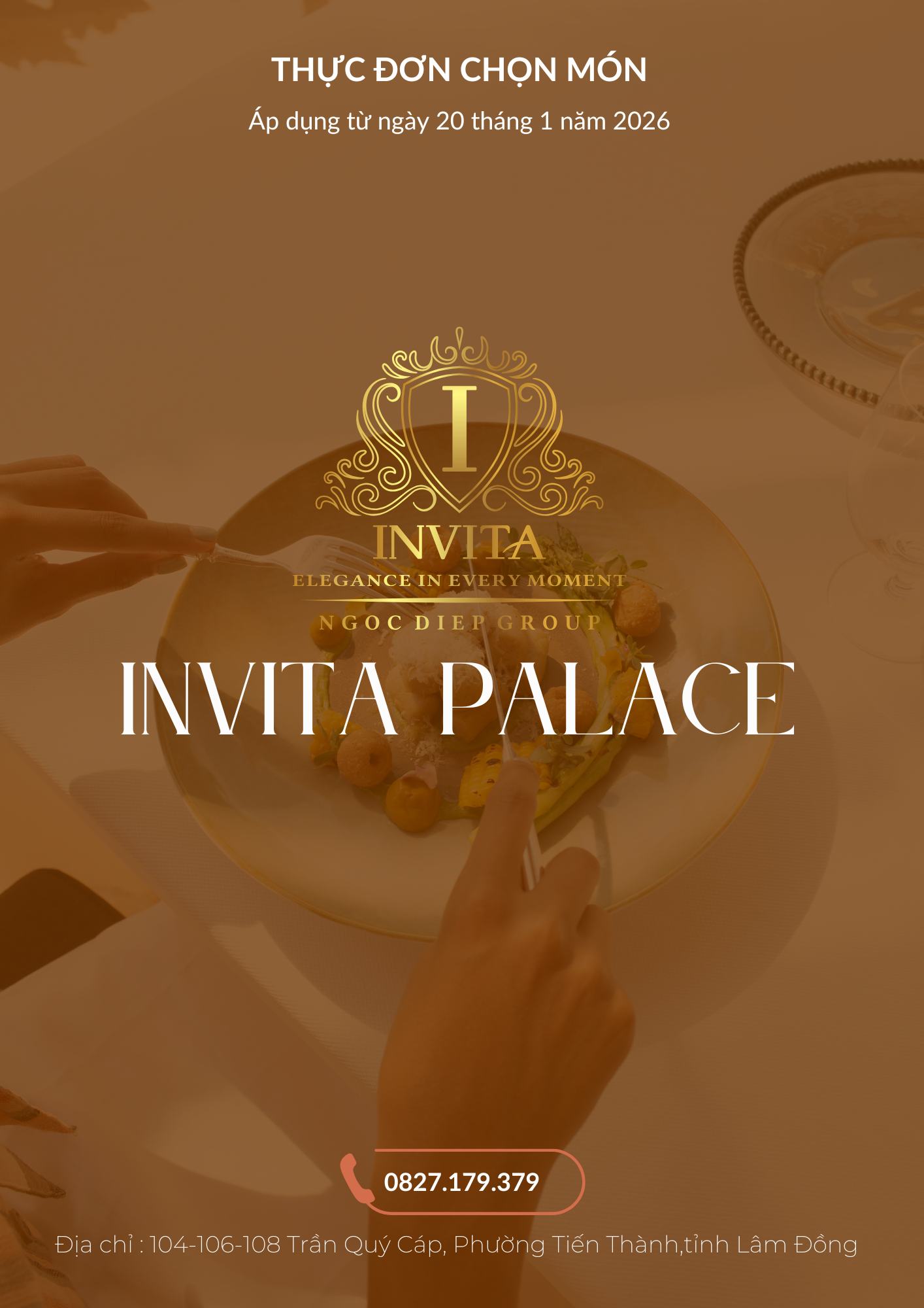 Invitation to Invita Palace with the background showing a plated dish. The invitation includes details about menu selection, effective from January 20, 2026, and provides a phone number and address in Vietnam.