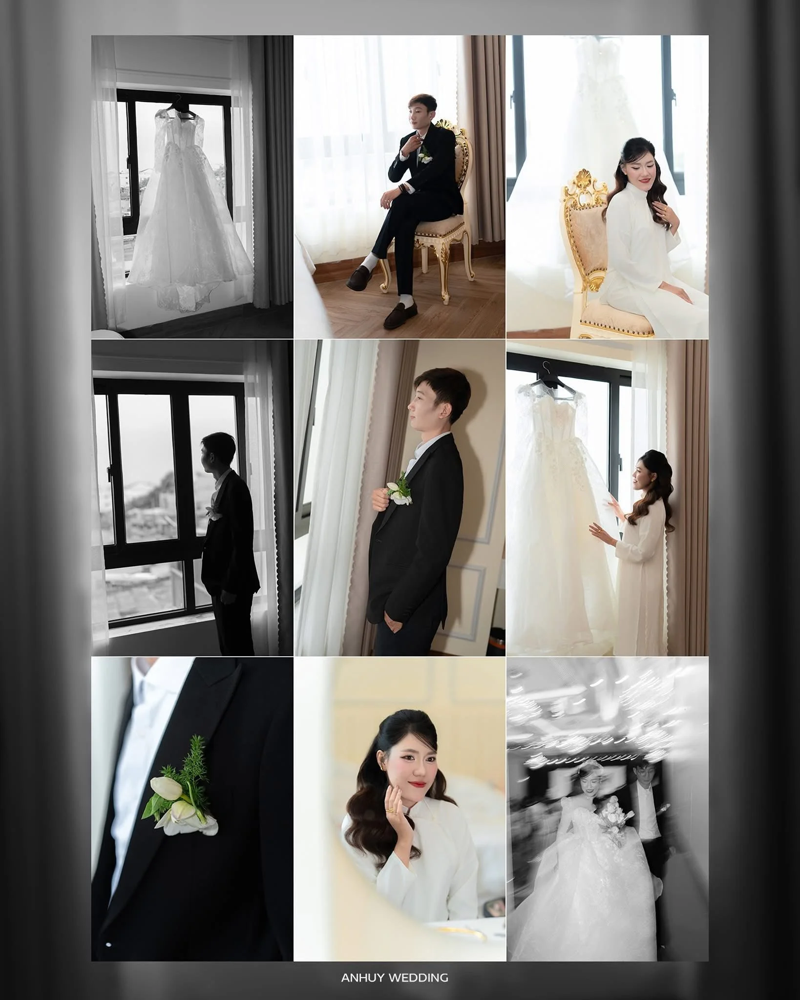 A collage of wedding preparation photos featuring a bride in a white wedding dress, a groom in a black suit, and wedding details such as dresses and boutonnieres.