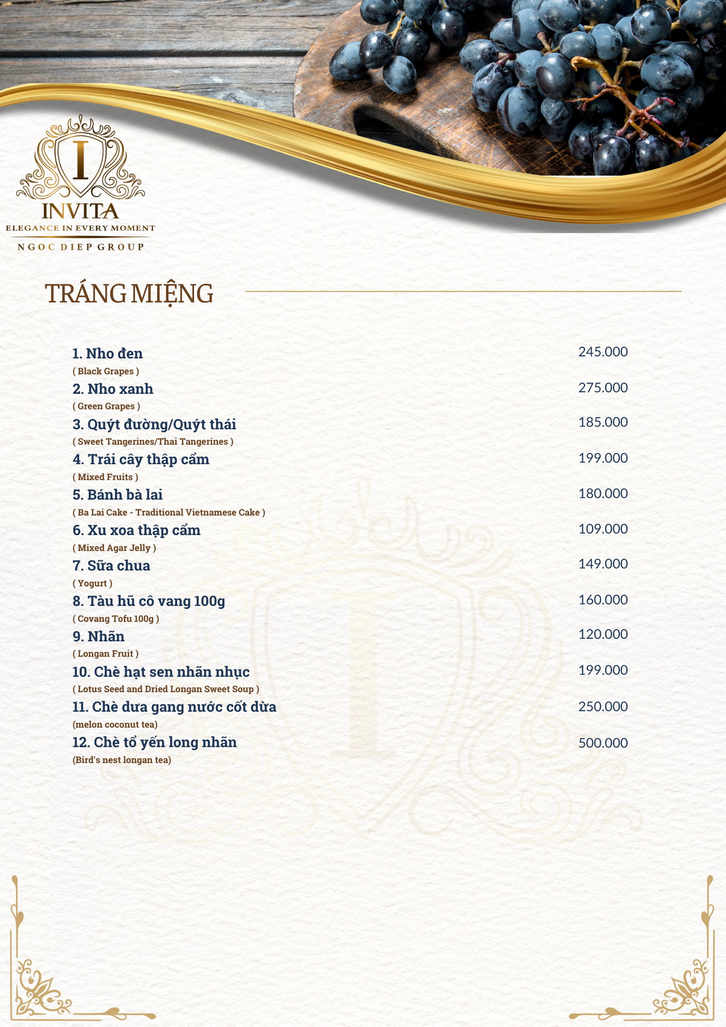 A menu featuring various Vietnamese desserts and beverages, with vegetables and grapes on a wooden surface at the top.