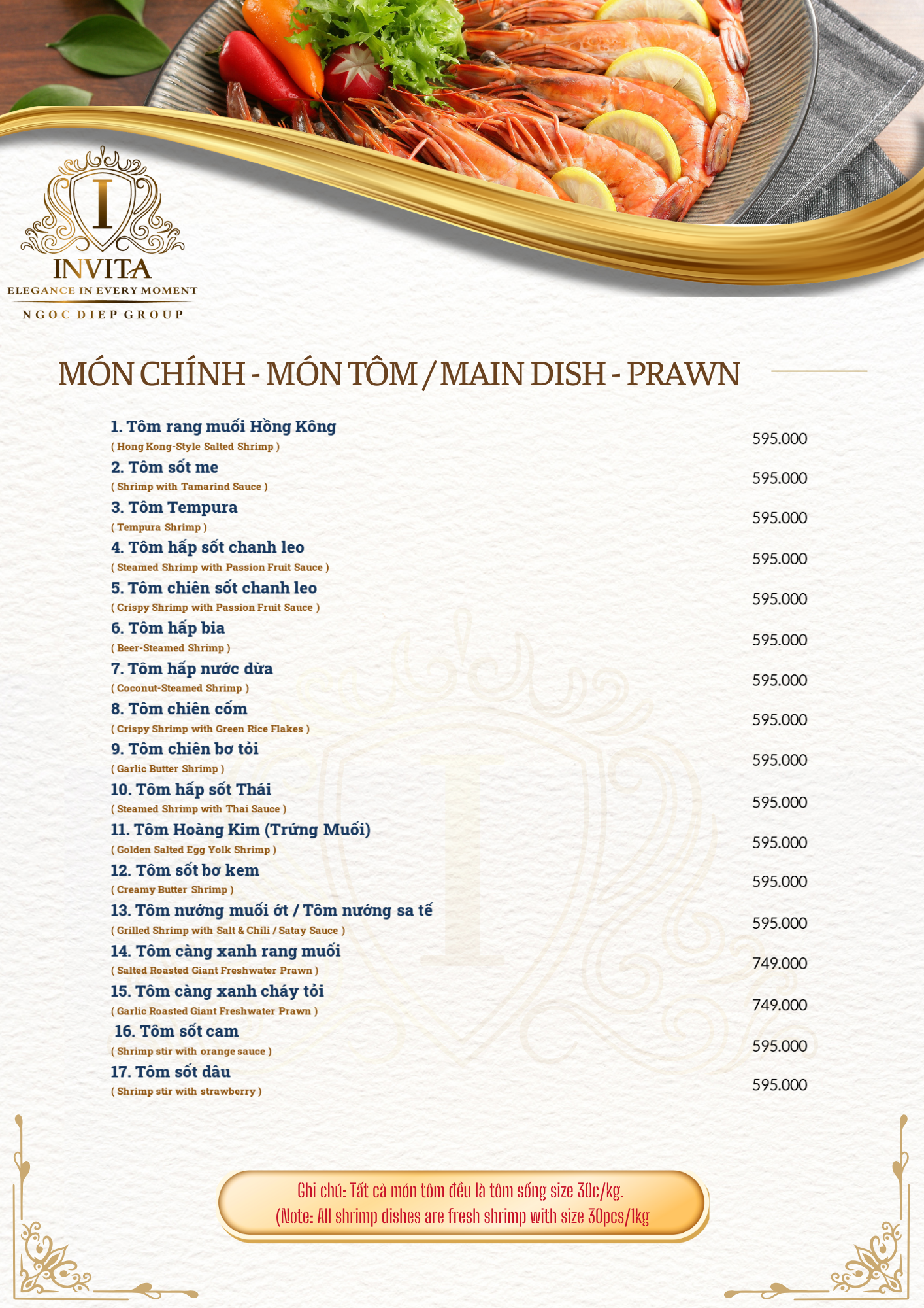 Restaurant menu featuring various prawn dishes with prices, written in Vietnamese and English, accompanied by an image of cooked prawns with lemon slices and vegetables at the top.