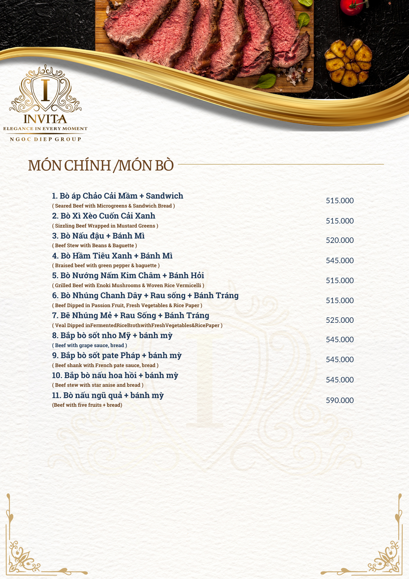 Menu featuring various beef dishes with prices in Vietnamese dong, including steak and beef stew, with a partial image of cooked steak, garlic, cherry tomato, and vegetables at the top.
