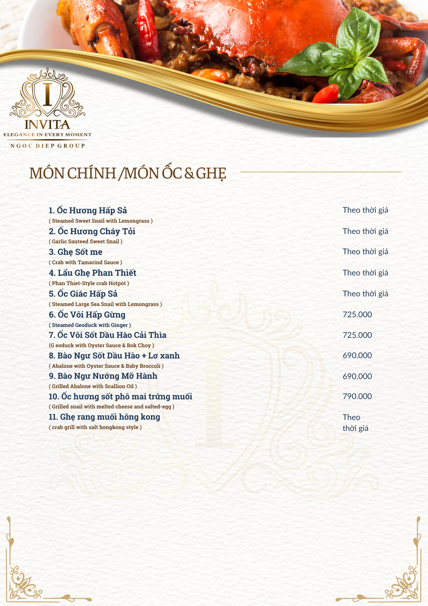 A menu featuring Vietnamese seafood dishes, with a photo of a cooked crab with sauce and garnished with basil and chili peppers at the top.