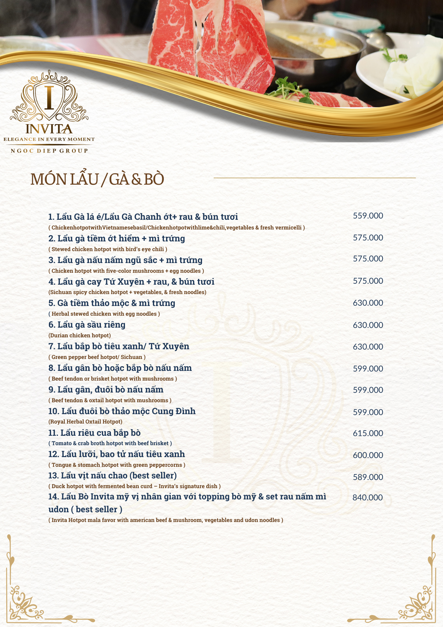 Vietnamese menu page with dishes featuring chicken and beef, including hot pots and noodle options, with a background image of raw meat, vegetables, and hot pot ingredients.