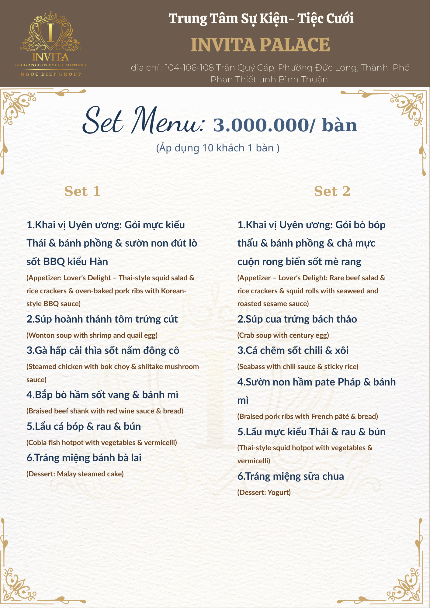 A menu flyer for Invita Palace featuring two set menus, each with six dishes, listed in Vietnamese with English translations. The flyer has a brown and white background with decorative gold corner accents and a gold logo at the top left corner.