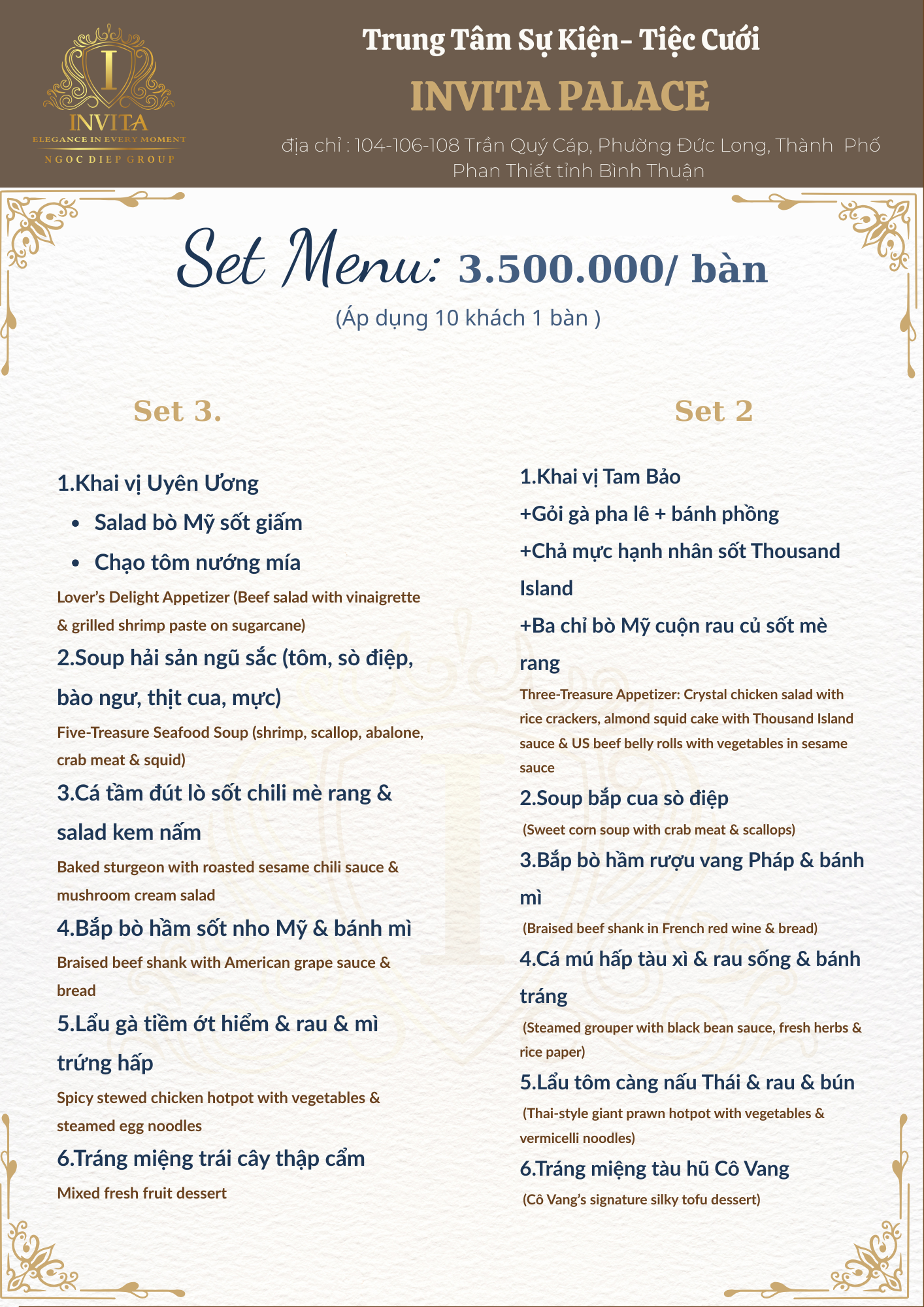 Menu for INVITA Palace restaurant featuring Set Menu options priced at 3.5 million VND per table, accommodating 10 guests per table, with details for Set 2 and Set 3. The menu includes various Vietnamese and Western dishes with descriptions in both V