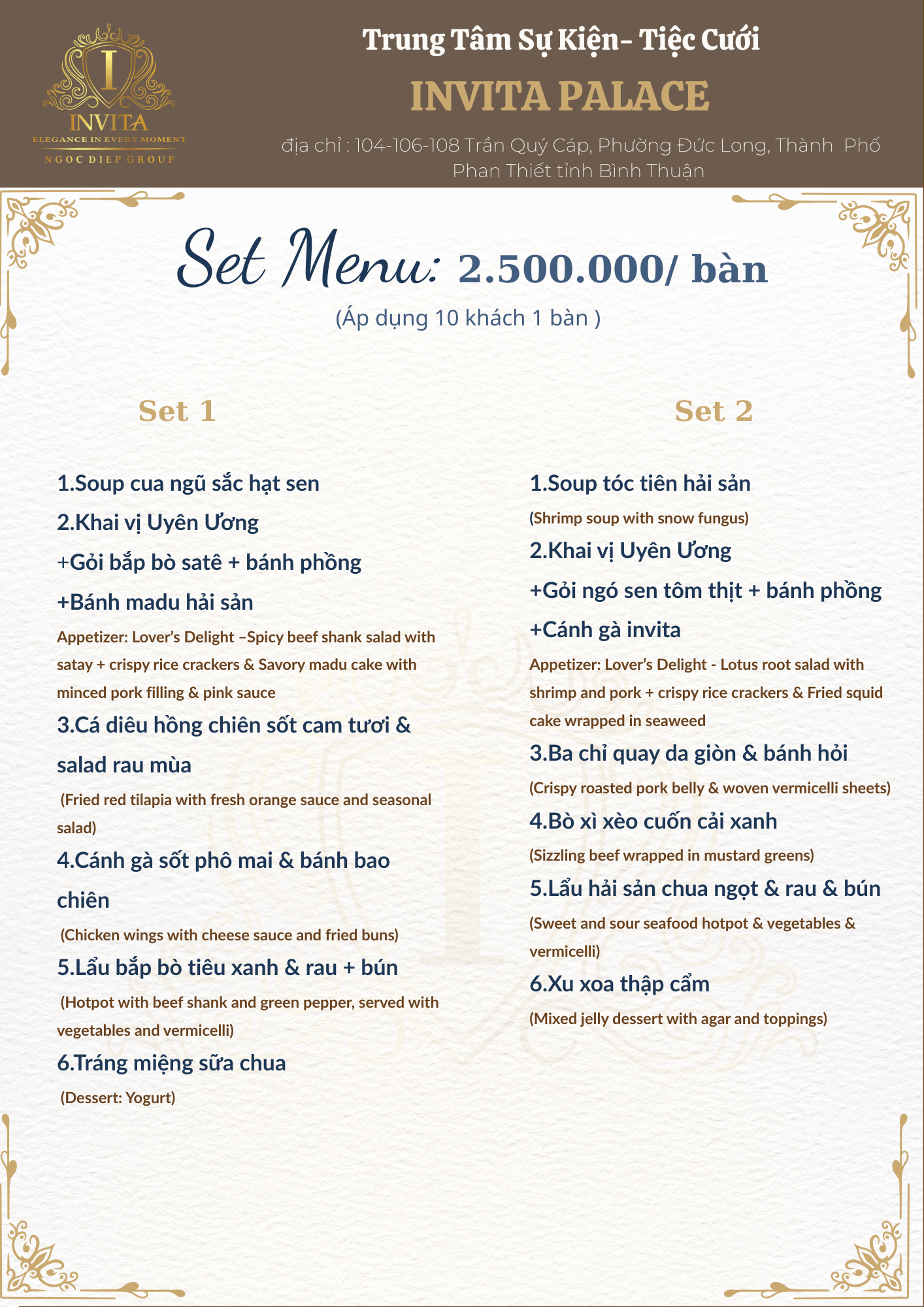 Vietnamese set menu with two courses, each including multiple dishes and appetizers, priced at 2,500,000 VND per table, served at Invita Palace in Bình Thuận.