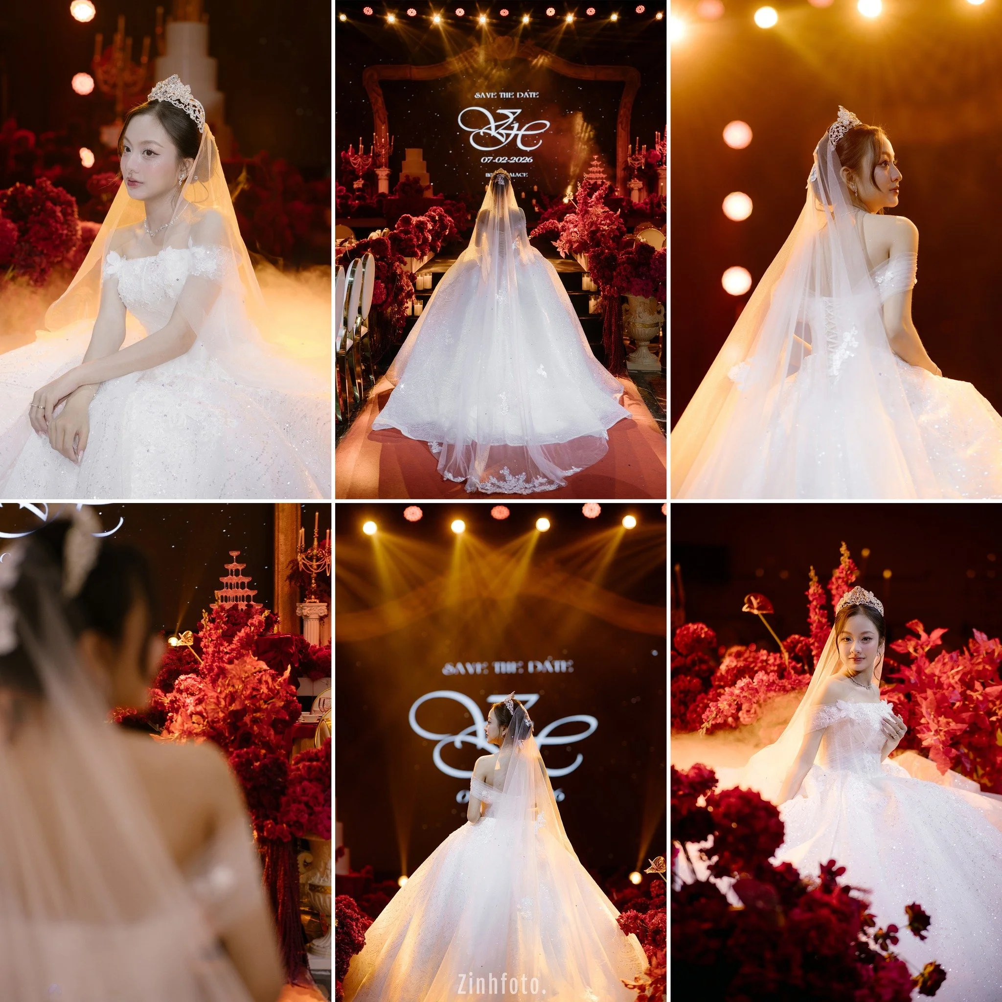 Photos of a woman in a wedding dress at a wedding venue decorated with red flowers, stage lighting, and a large screen displaying the date 07-02-2026 and the text 'Save the Date'