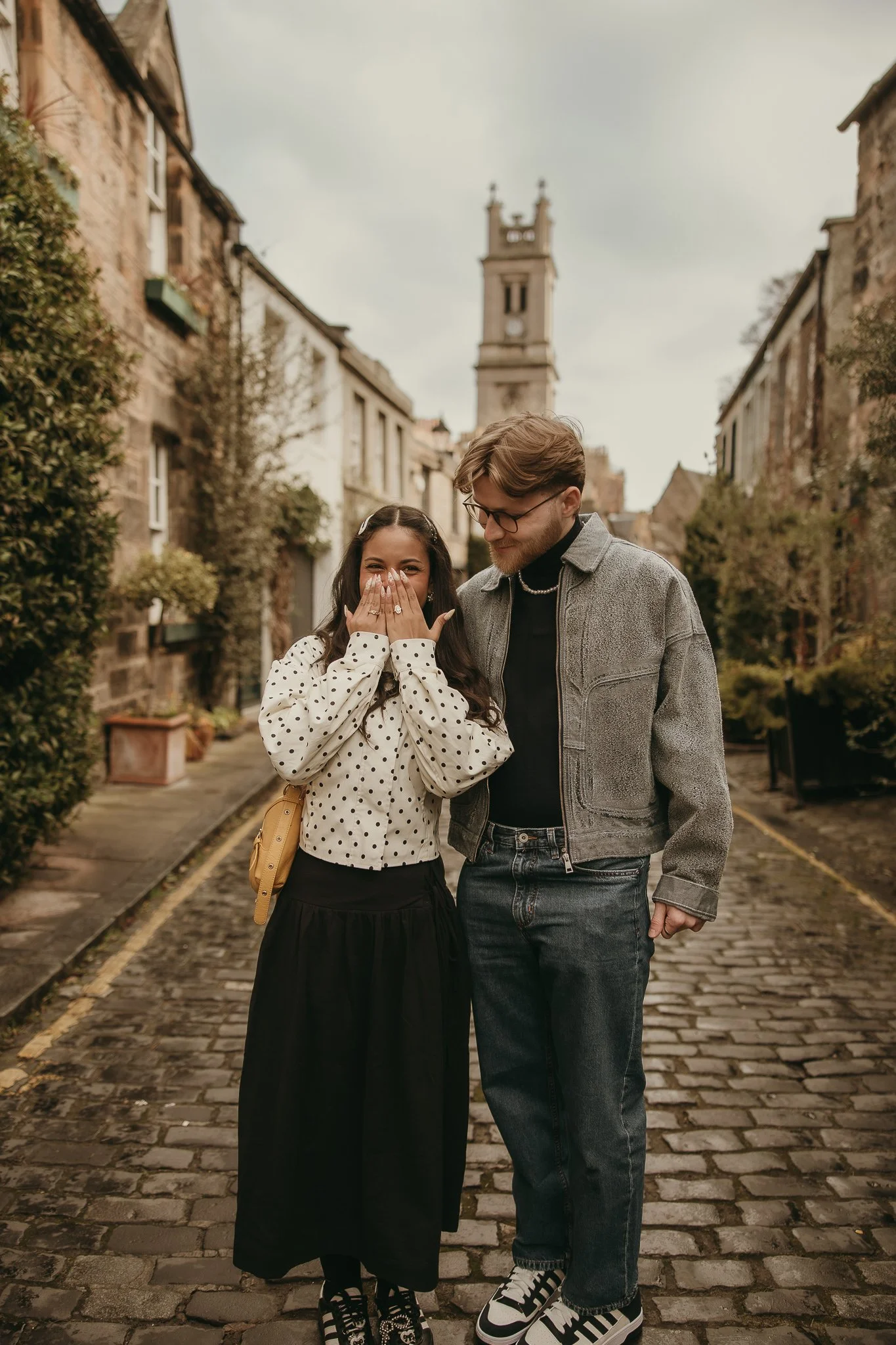 Romantic Engagement Moment Circus Lane Edinburgh