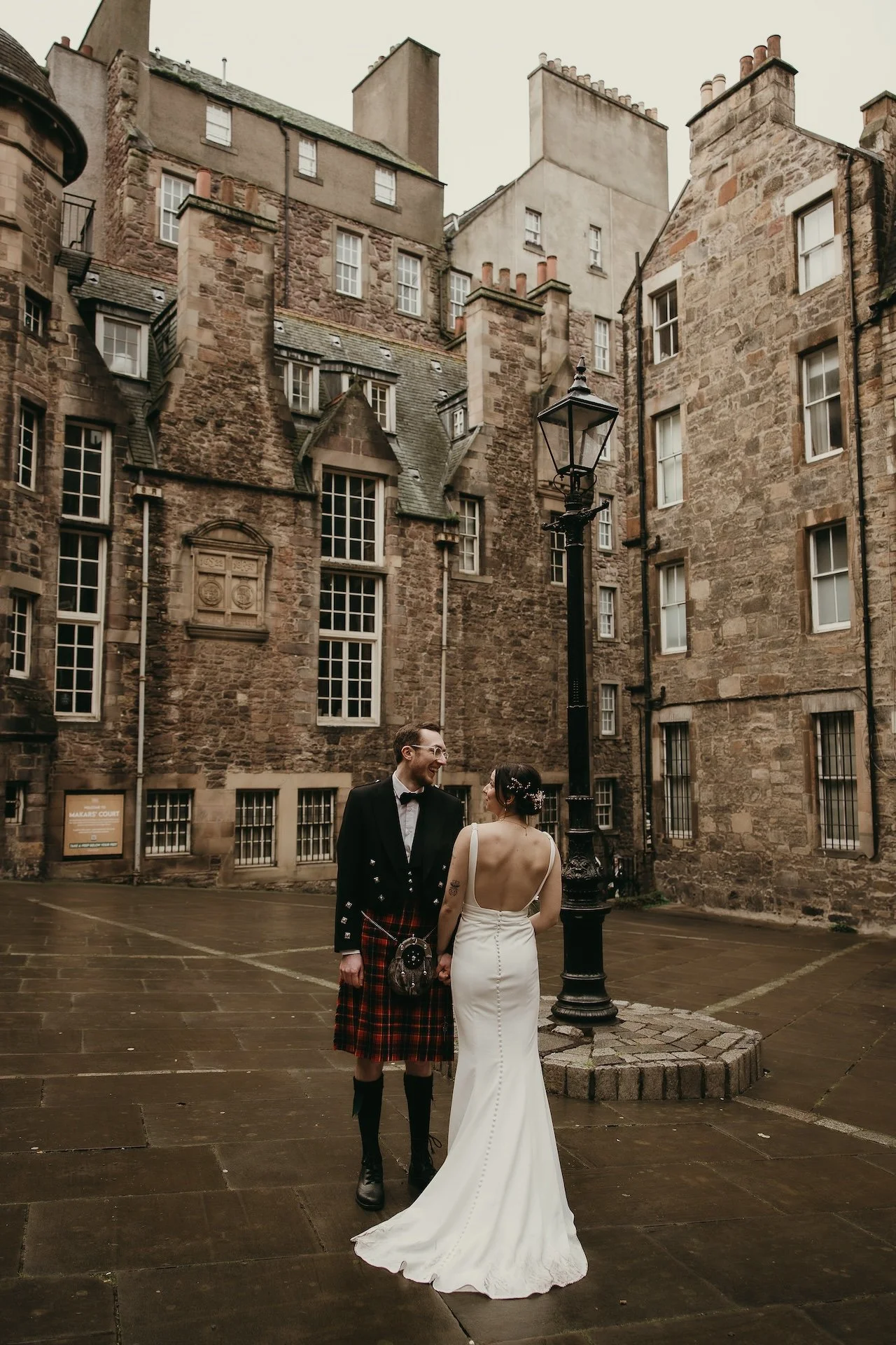 Soft, romantic wedding portrait of bride and groom taken in Edinburgh