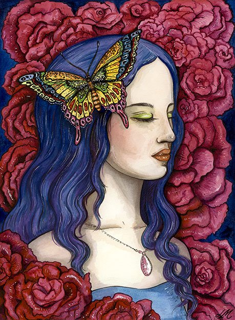 Girl with lots of roses & butterfly