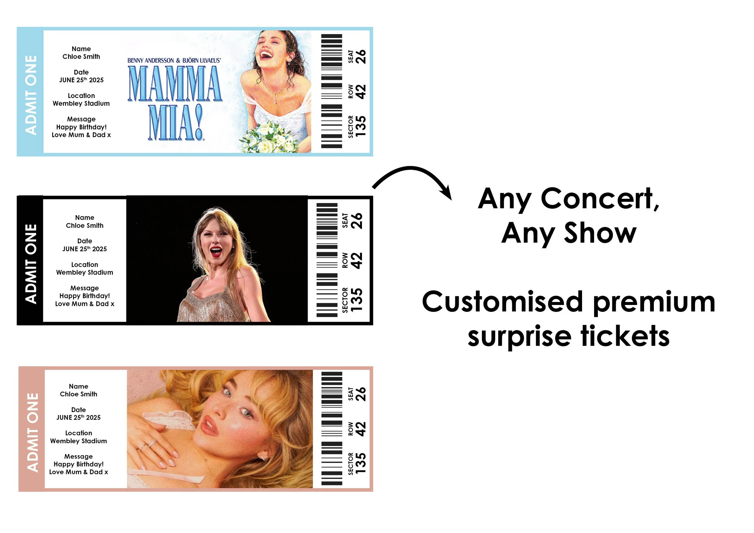 Image of three customized concert tickets with different shows and a text saying "Any Concert, Any Show, Customized premium surprise tickets." Each ticket has the name Chloe Smith, date June 25th, 2025, location Wembley Stadium, and a personalized birthday message.