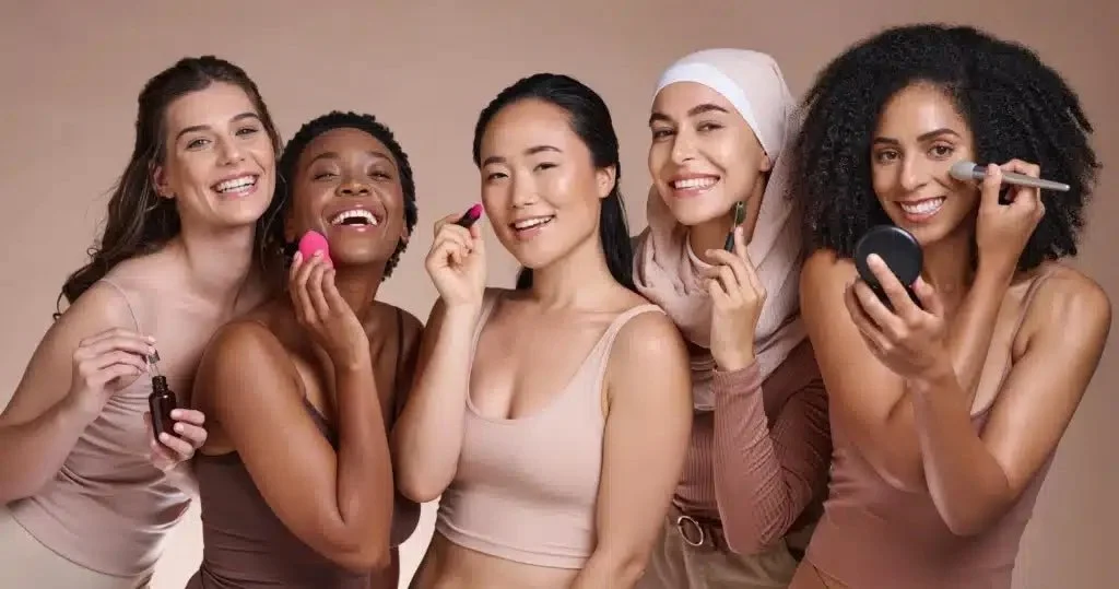 Five smiling women with different skin tones, holding makeup sponges, brushes and applicators against a beige background.