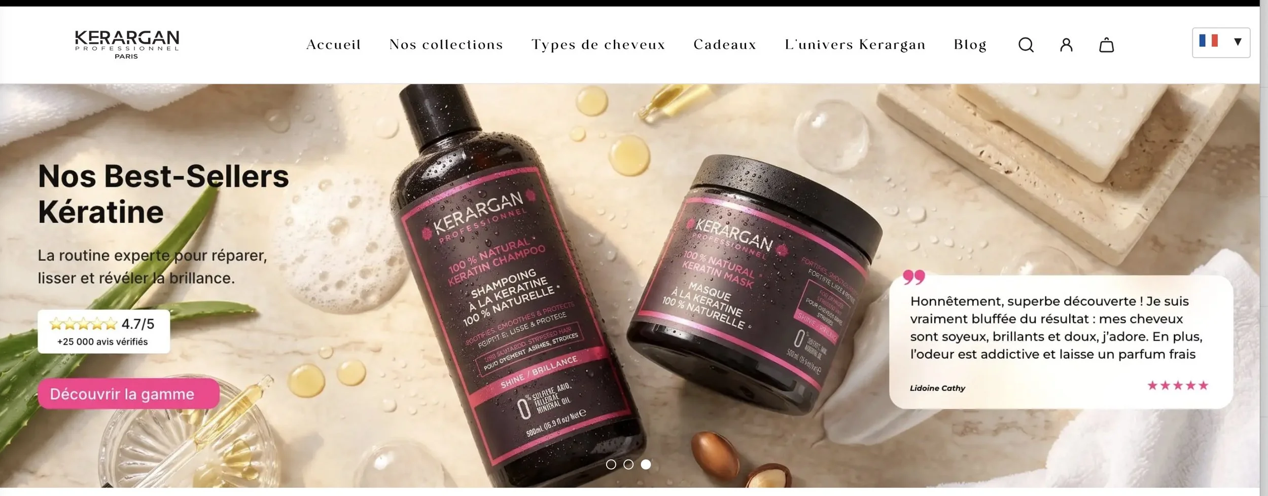 A webpage showcasing Kerargan professional hair care products, including keratin shampoo and mask, with natural ingredients, water droplets, soap, aloe vera, and other beauty items, along with customer reviews and a pink call-to-action button.