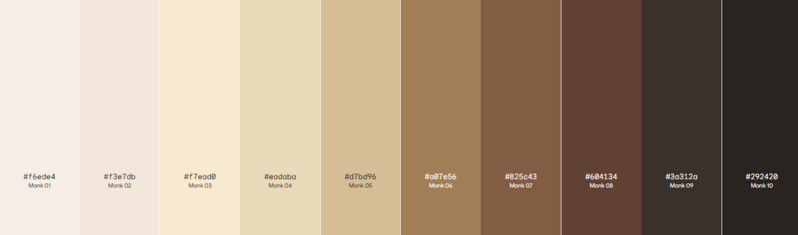 The Monk Skin Tone Scale: ten graduated swatches from lightest to darkest, each labelled Monk 01 to Monk 10 with its hex code.