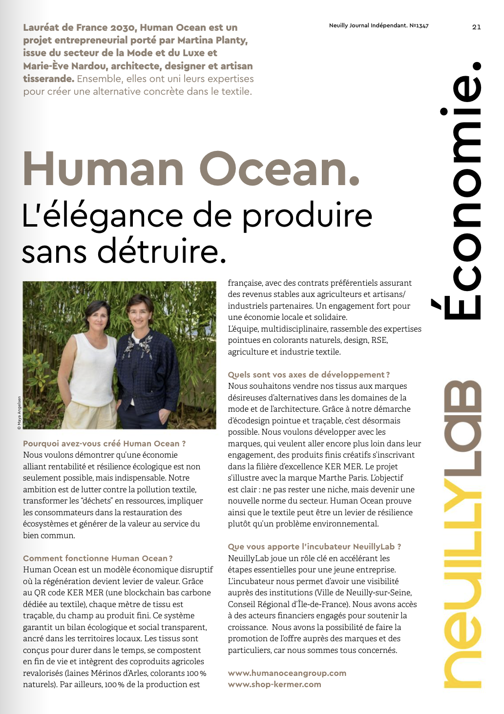 Human Ocean, L'élégance de produire sans détruire. Neuilly Journal, février 2026.